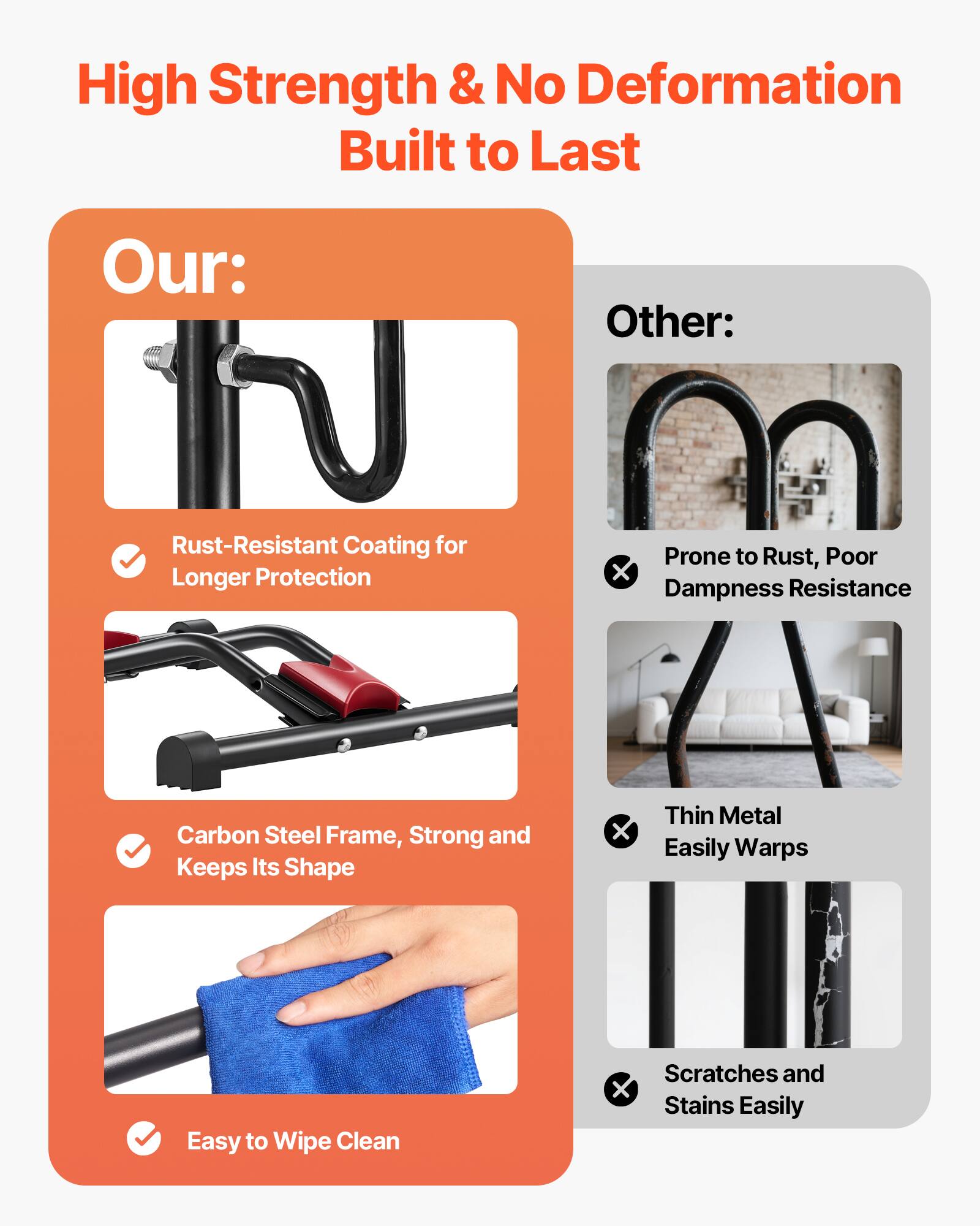 High Strength & No Deformation  
Built to Last  

Our:  
- Rust-Resistant Coating for Longer Protection  
- Carbon Steel Frame, Strong and Keeps Its Shape  
- Easy to Wipe Clean  

Other:  
- Prone to Rust, Poor Dampness Resistance  
- Thin Metal Easily Warps  
- Scratches and Stains Easily