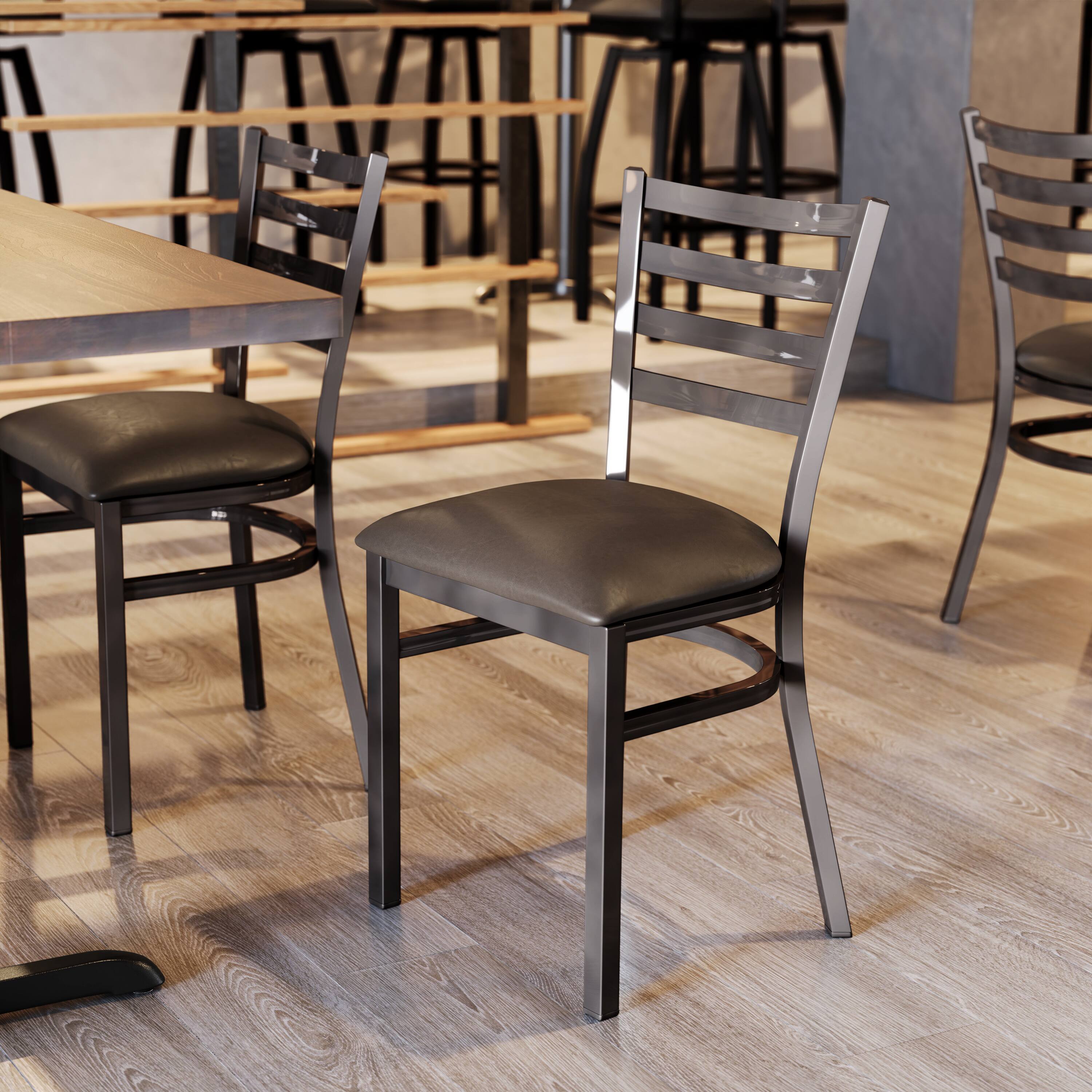 Alt View 4. Emma + Oliver - Clear Coated Ladder Back Metal Restaurant Dining Chair - Mocha Vinyl Seat/Silver Antique Metal Frame.