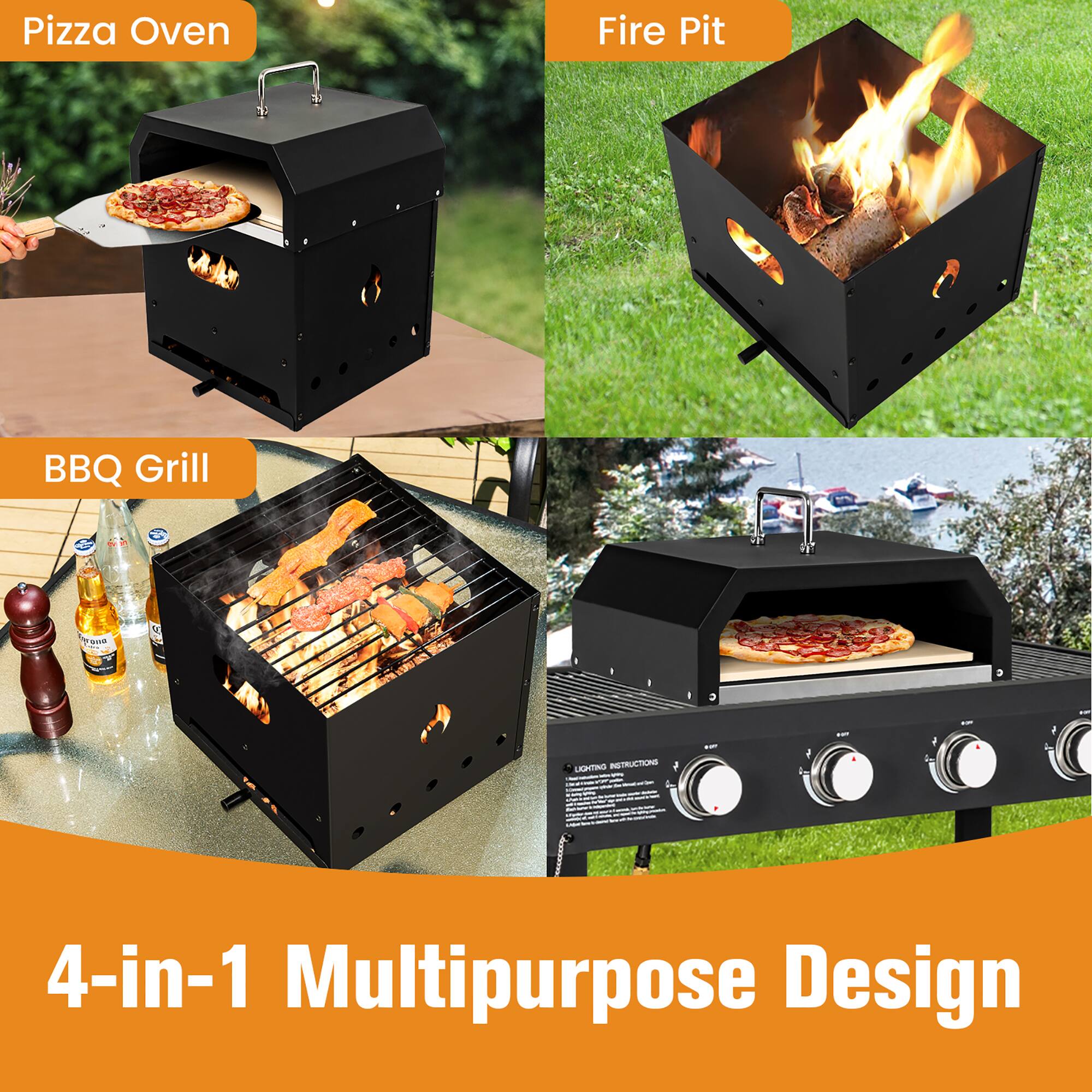 The image features a 4-in-1 multipurpose design, which includes a pizza oven, a fire pit, a BBQ grill, and a lighting system. The pizza oven is designed to cook pizzas evenly and efficiently, while the fire pit provides a cozy and warm atmosphere for gatherings. The BBQ grill is perfect for cooking various types of food, such as burgers, steaks, and chicken, and the lighting system ensures that the area is well-lit for outdoor activities. The image showcases the versatility and convenience of this multipurpose design, making it an ideal choice for outdoor enthusiasts and entertaining guests.