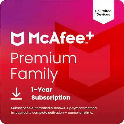 Unlimited Devices
McAfee+ Premium Family
1-Year Subscription
Subscription automatically renews. A payment method is required to complete activation – cancel anytime.