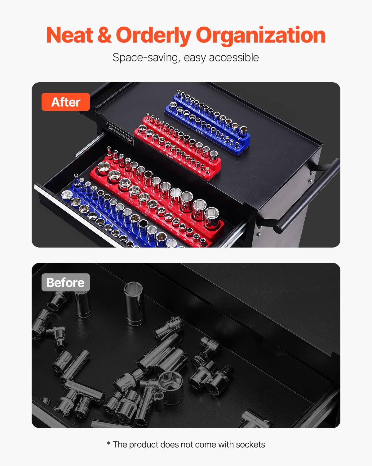Neat & Orderly Organization  
Space-saving, easy accessible  

After  

Before  

*The product does not come with sockets