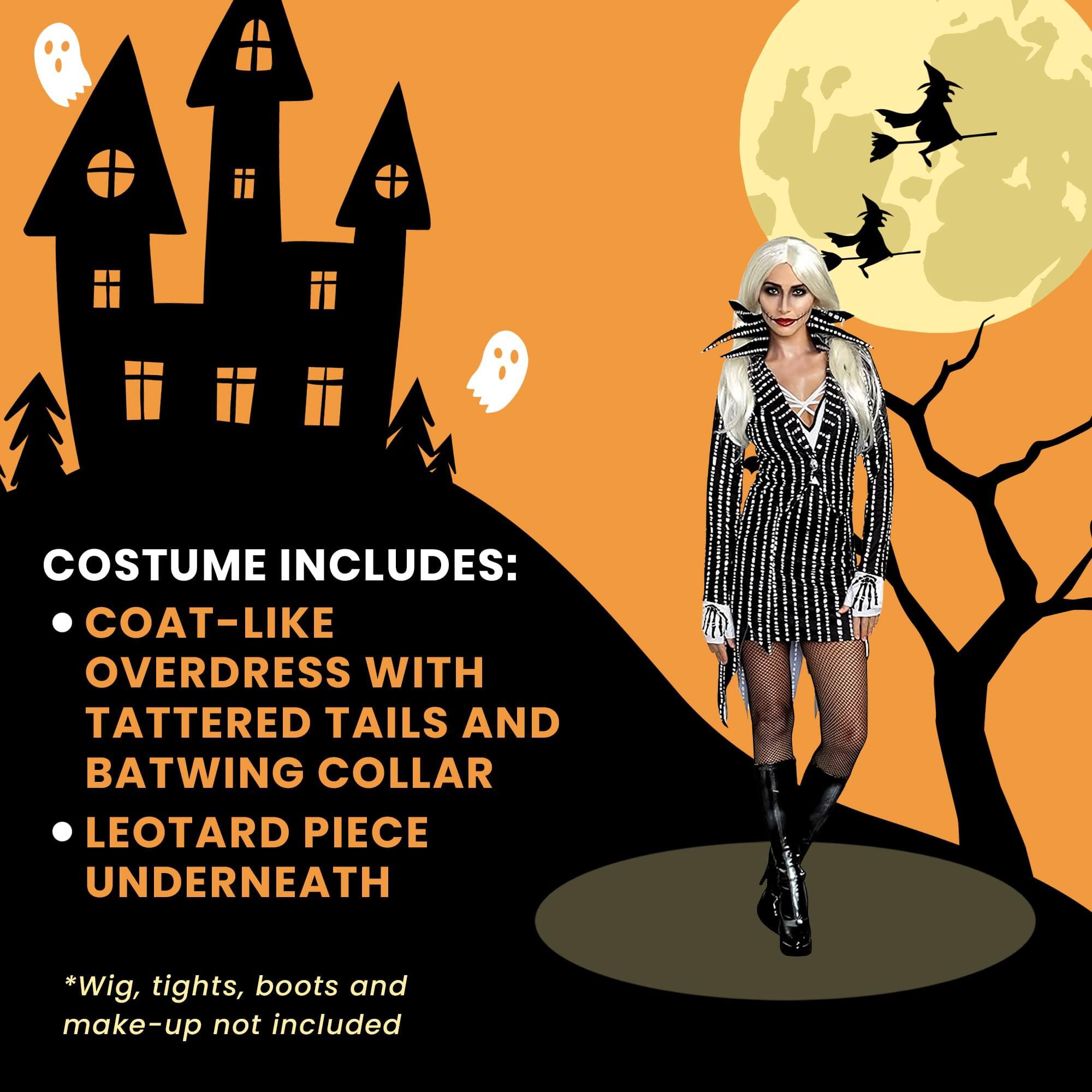 COSTUME INCLUDES:  
- COAT-LIKE OVERDRESS WITH TATTERED TAILS AND BATWING COLLAR  
- LEOTARD PIECE UNDERNEATH  

*Wig, tights, boots and make-up not included