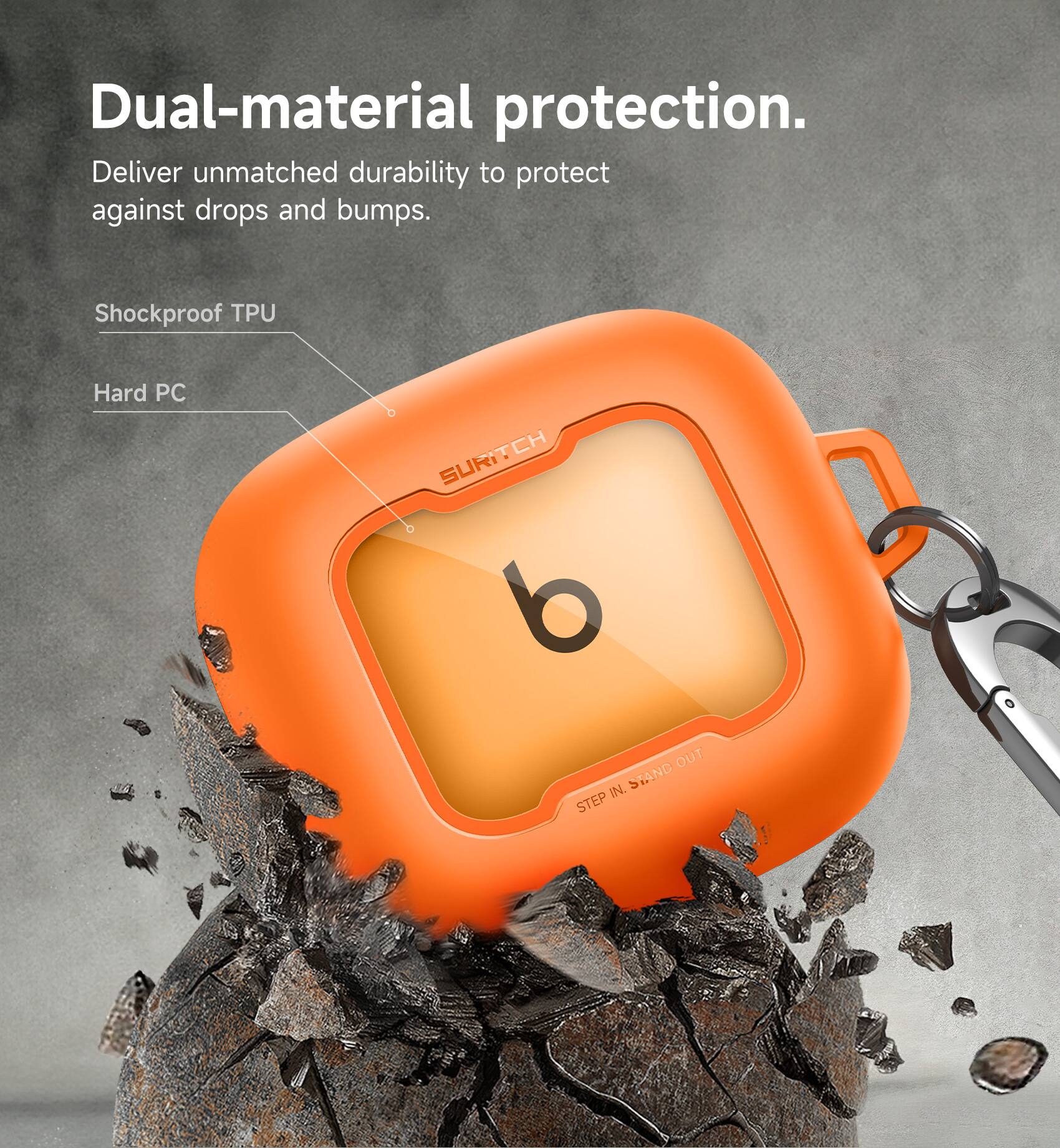 Dual-material protection. Deliver unmatched durability to protect against drops and bumps. Shockproof TPU Hard PC.