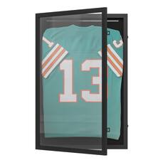 Front. Emma + Oliver - Wooden Jersey Display Case with Foam Board and Keyed Lock - Black.