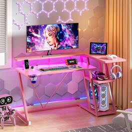 Furnulem - Gaming Desk L Shaped Corner Computer Table with Monitor Stand 3 Tier Storage Shelves Bedroom Home Office - Pink