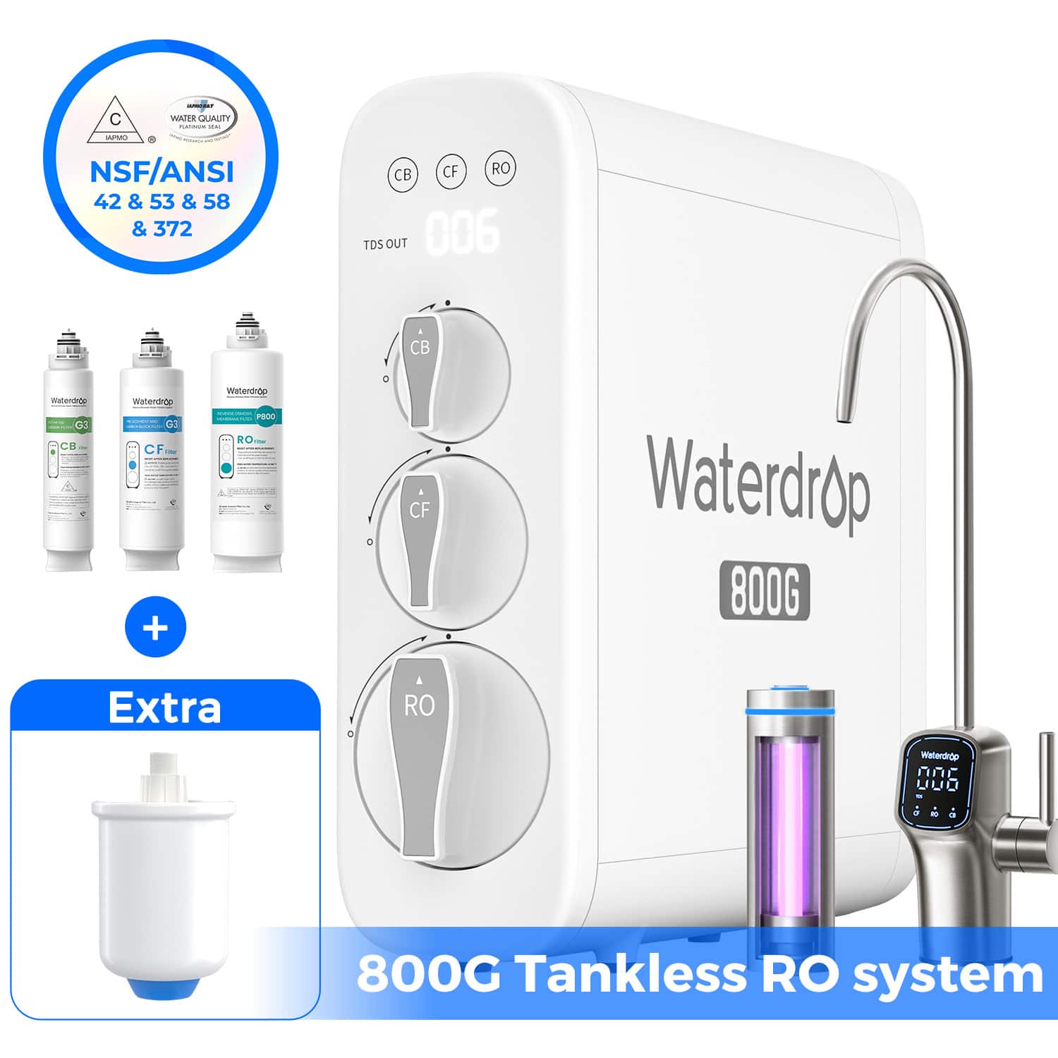 C WATER QUALITY NSF/ANSI 42 & 53 & 58 & 372 CB CF RO TDS OUT 006 CB - CH watendrop d3 CF -- + Waterdrop FOOO RO - CF Waterdrop 800G Extra RO Matenagp 006 - . 800G Tankless RO system