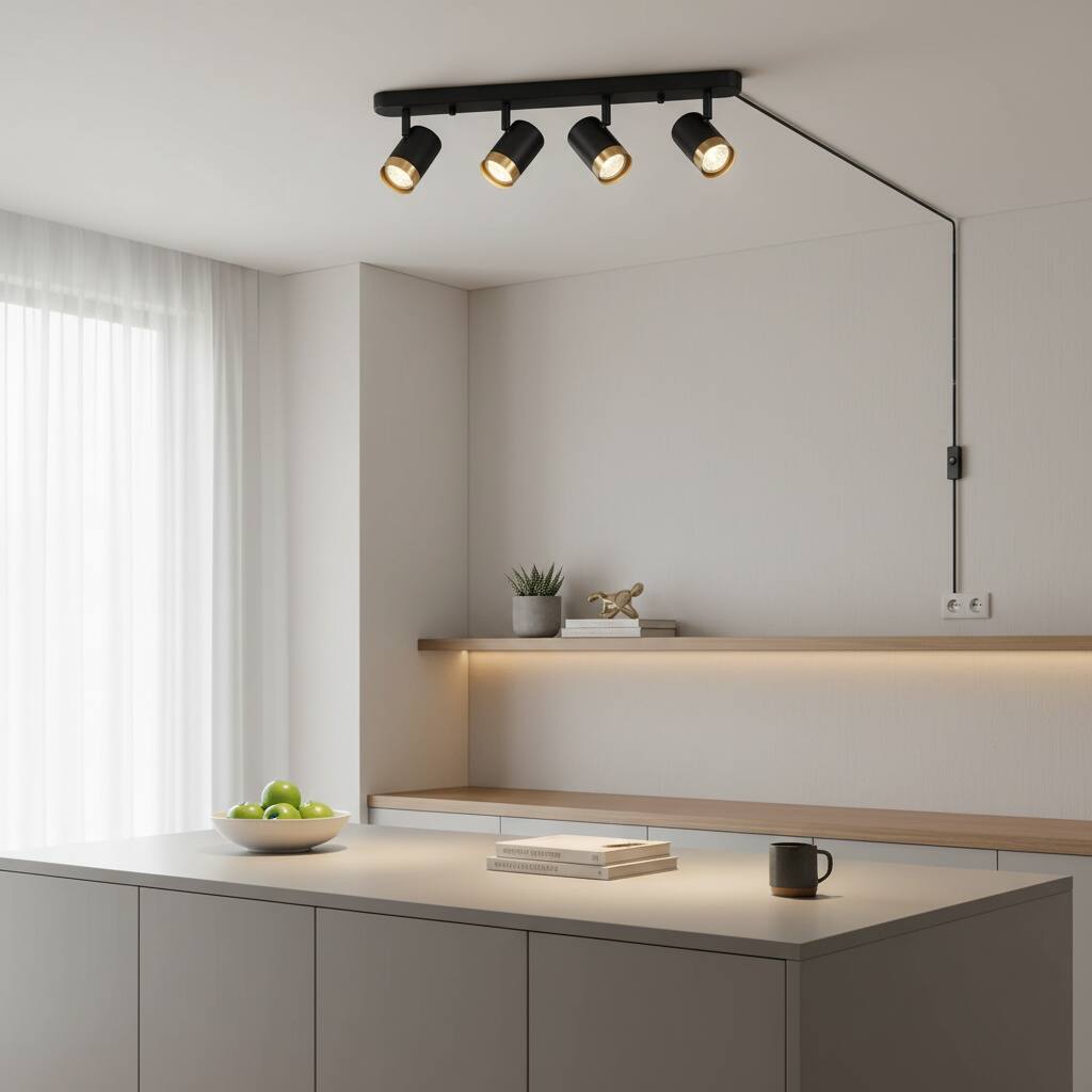 Alt View 1. Dazzed Corner - 4-Light Plug-in Track Lighting with Pivoting Heads - Black.