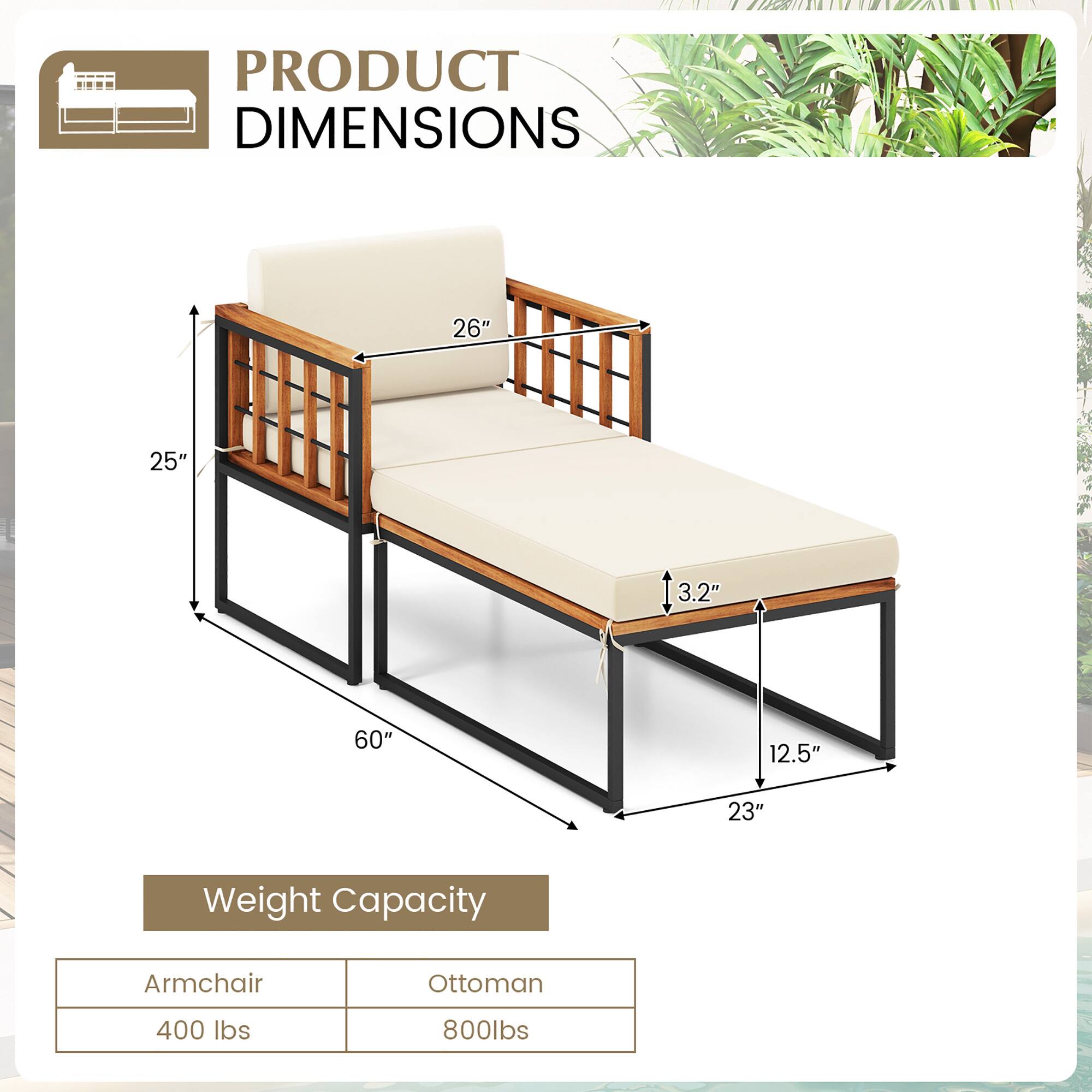 PRODUCT DIMENSIONS: 26", 25", 3.2", 60", 12.5", 23"
Weight Capacity: Armchair 400 lbs, Ottoman 800lbs