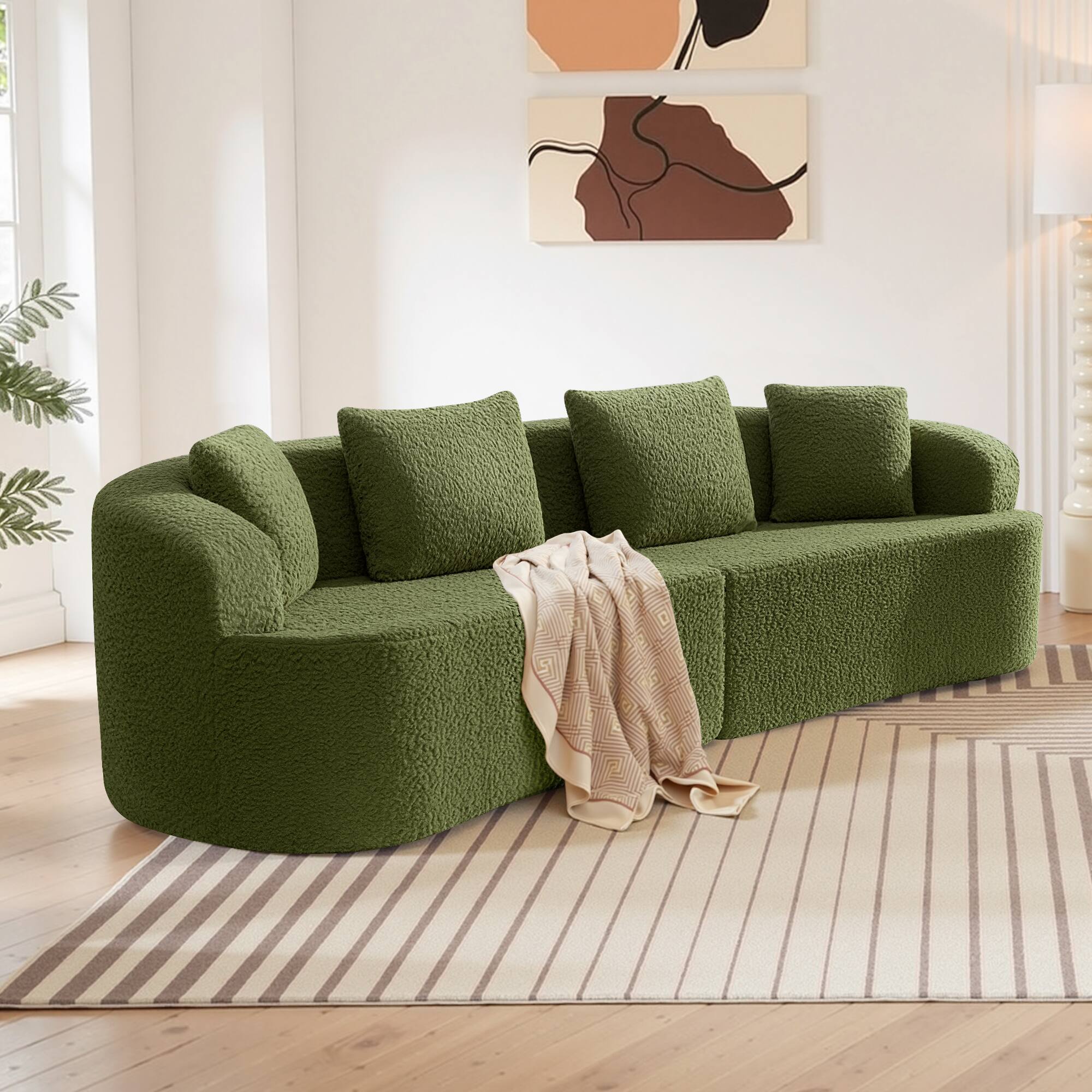Alt View 5. KERDOM - 112" Corduroy Curved Sectionals Sofa with 4 Pillows, Teddy Plush Floor Couch for Living Room and Apartment, No Install - Green.