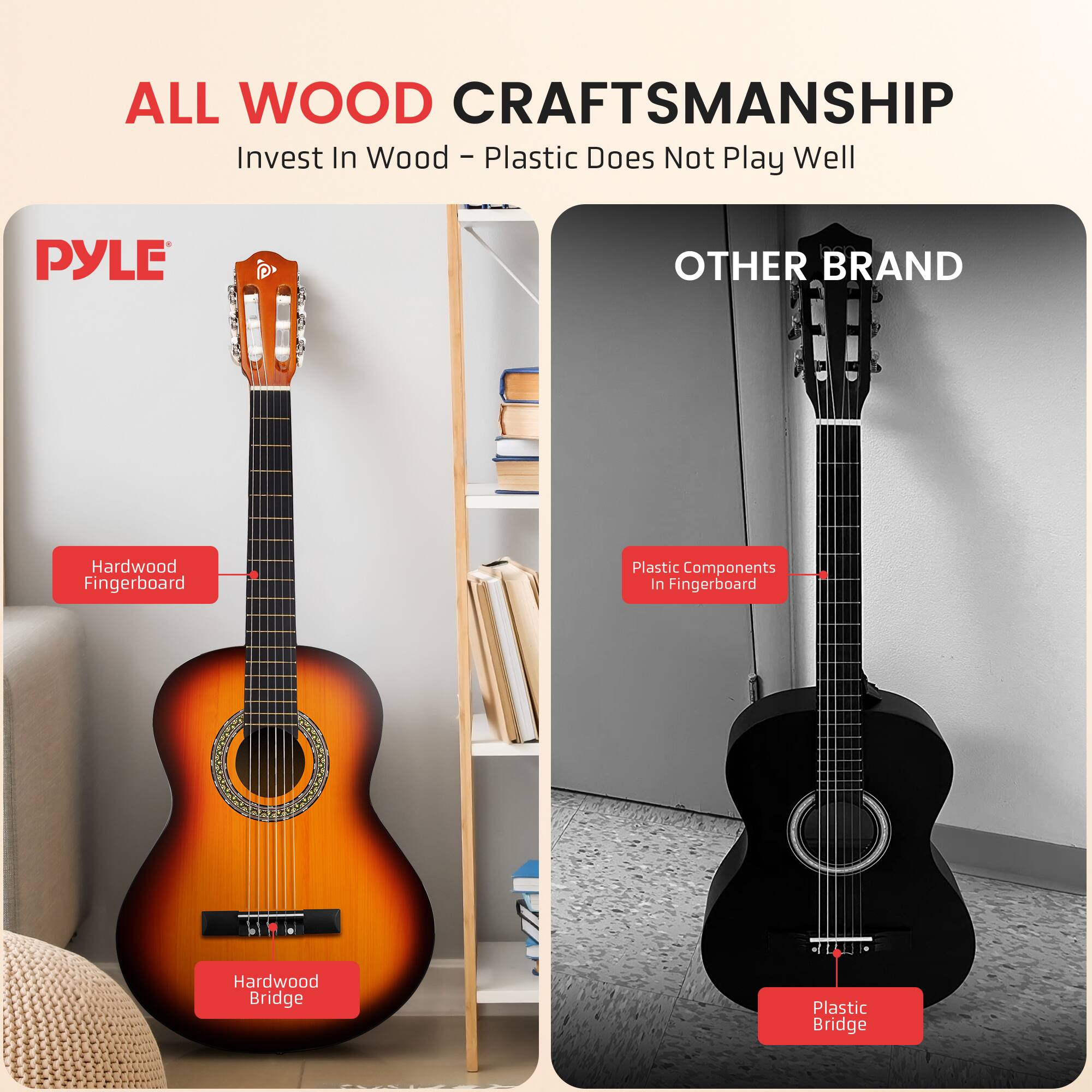 ALL WOOD CRAFTSMANSHIP  
Invest In Wood - Plastic Does Not Play Well  

PYLE  
Hardwood Fingerboard  
Hardwood Bridge  

OTHER BRAND  
Plastic Components in Fingerboard  
Plastic Bridge