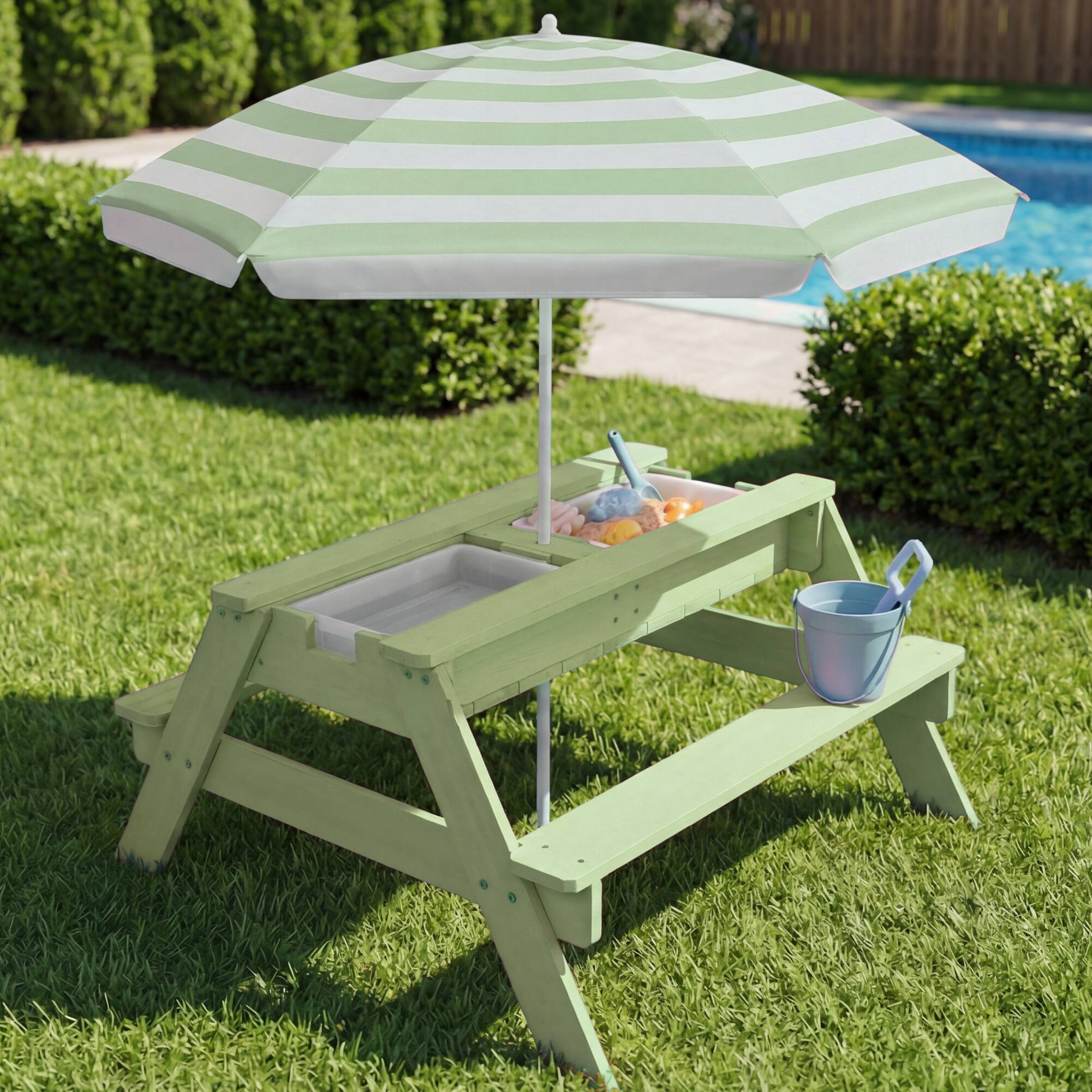 Alt View 2. Best Choice Products - Best Choice Products Kids 3-in-1 Outdoor Sand and Water Activity Picnic Table with Umbrella - Sage - Sage.