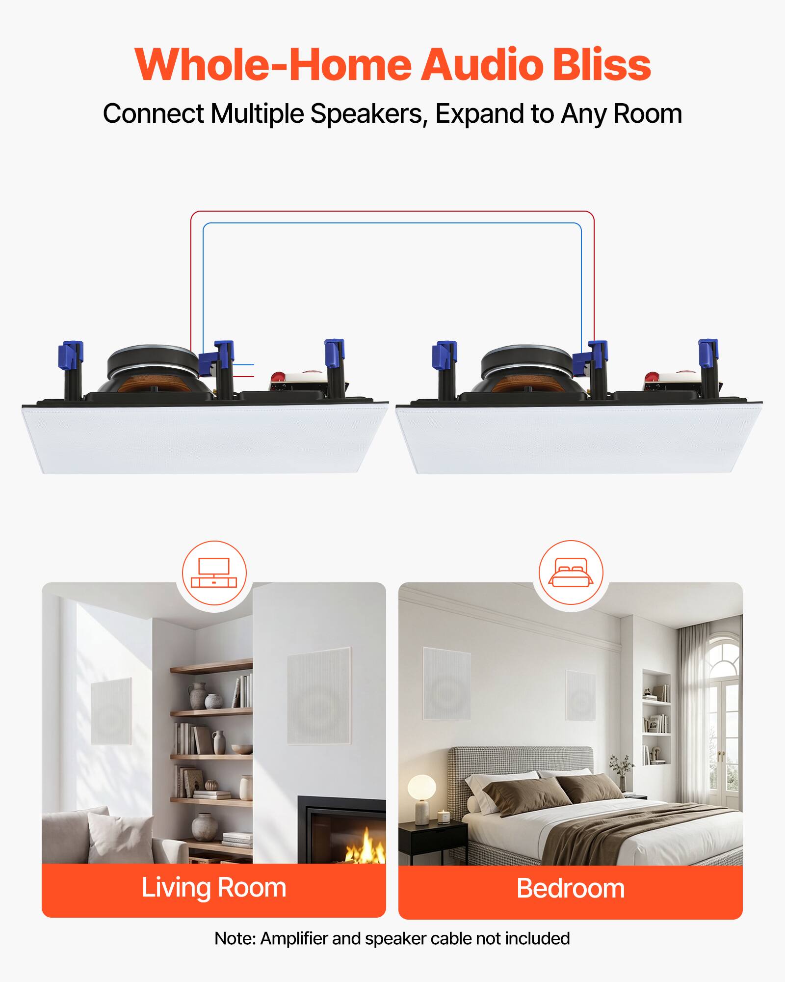 Whole-Home Audio Bliss  
Connect Multiple Speakers, Expand to Any Room  

Living Room  
Bedroom  

Note: Amplifier and speaker cable not included