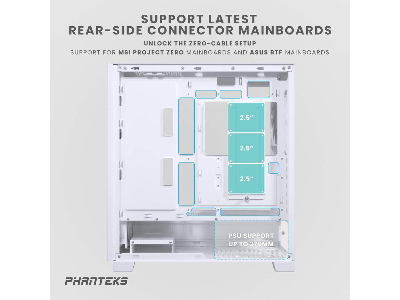 SUPPORT LATEST REAR-SIDE CONNECTOR MAINBOARDS  
UNLOCK THE ZERO-CABLE SETUP  
SUPPORT FOR MSI PROJECT ZERO MAINBOARDS AND ASUS BTF MAINBOARDS  

2.5"  
2.5"  
2.5"  

PSU SUPPORT UP TO 270MM  

PHANTEKS