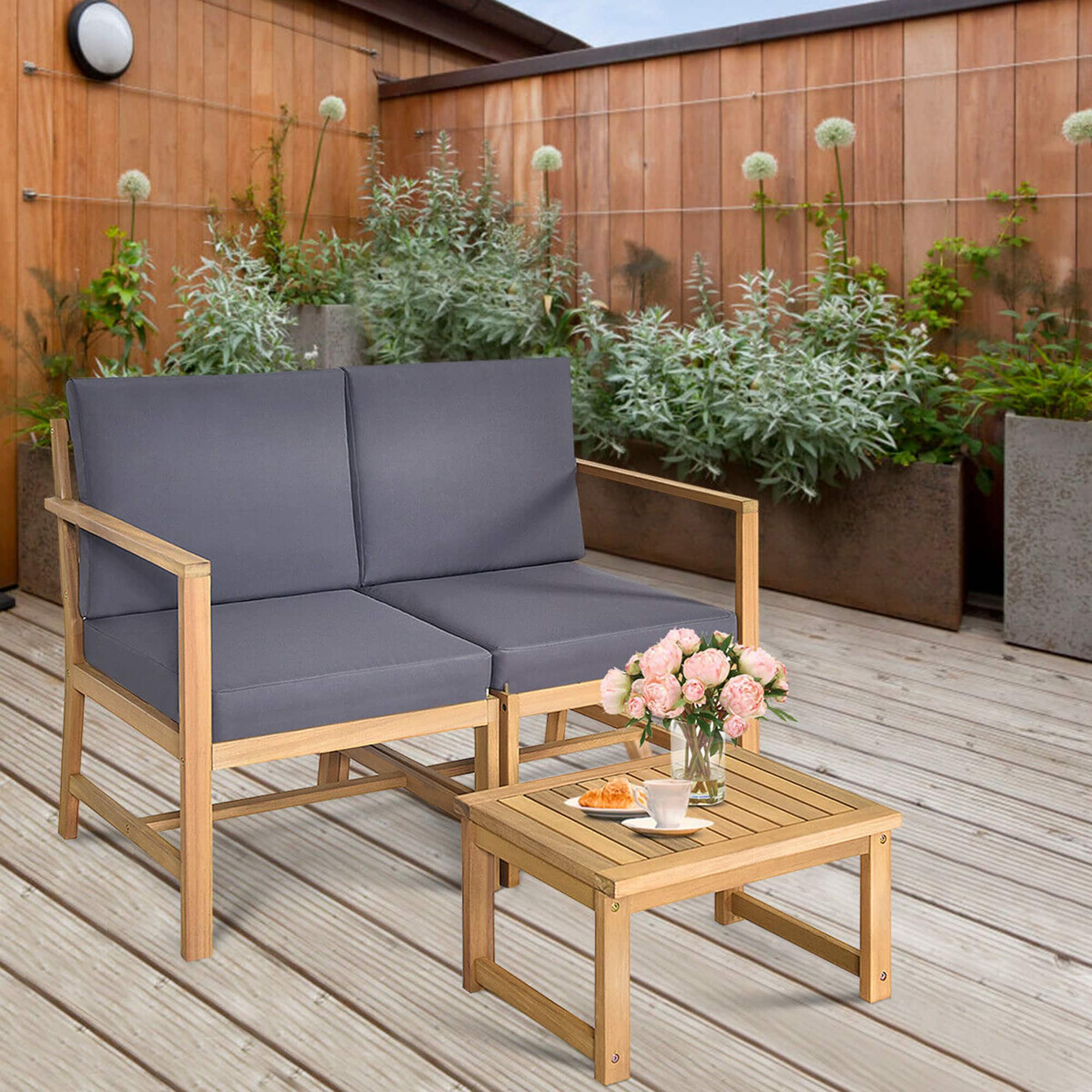 Gymax - 3 in 1 Acacia Wood Furniture Set Patio Outdoor w/ Cushion Coffee Table - Natural Teak price history on PriceWatchPro