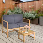 Front. Gymax - Gymax 3 in 1 Acacia Wood Furniture Set Patio Outdoor w/ Cushion Coffee Table - Natural Teak.