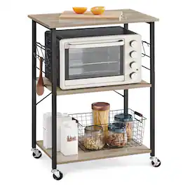 Songmics Home - Kitchen Shelf on Wheels, Serving Cart with 3 Shelves, Kitchen Cart, Microwave Shelf, for Mini Oven, Toaster - Greige and Black