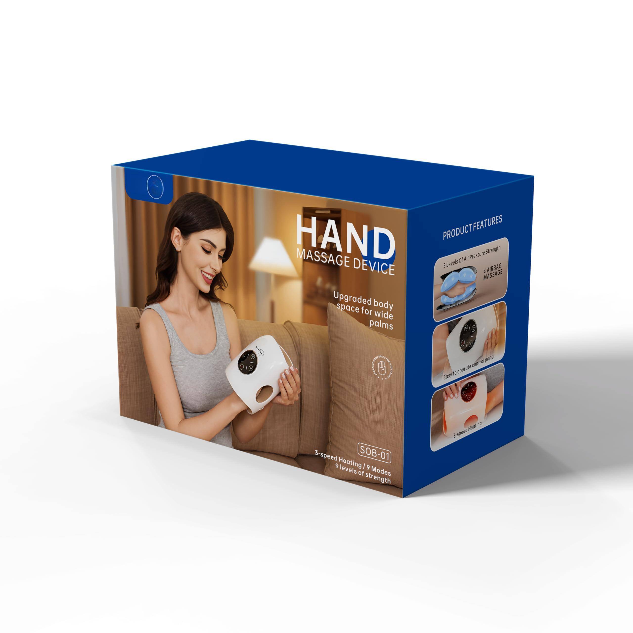 Sure, here is the corrected and grouped text from the image:

---

**HAND MASSAGE DEVICE**

- Upgraded body space for wide palms

**PRODUCT FEATURES**

- 5 Levels of Pressure Strength
- 4 Massage Modes
- Easy to operate control panel
- 5-speed Heating
- 9 Modes
- 9 Levels of Strength

**SPEED HEATING / 9 MODES / 9 LEVELS OF STRENGTH**

---

This text is organized to reflect the features and specifications of the hand massage device as shown on the packaging.