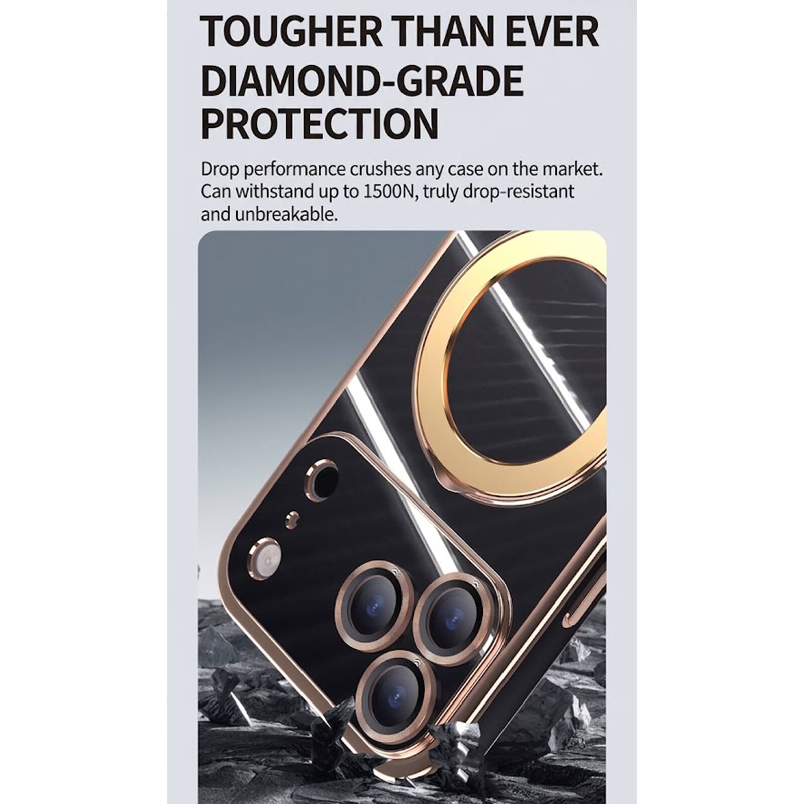 TOUGHER THAN EVER  
DIAMOND-GRADE PROTECTION  

Drop performance crushes any case on the market.  
Can withstand up to 1500N, truly drop-resistant and unbreakable.
