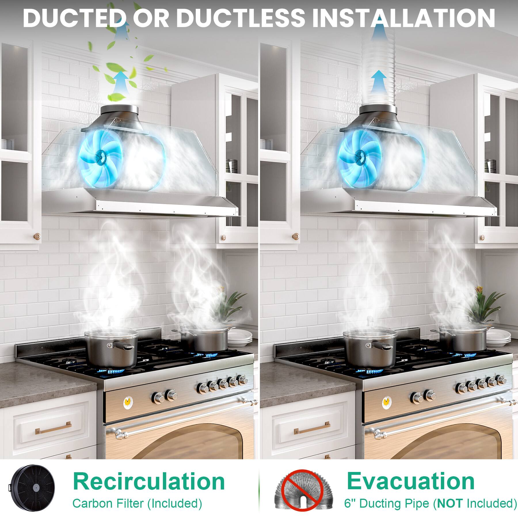 DUCTED OR DUCTLESS INSTALLATION

Recirculation
Carbon Filter (Included)

Evacuation
6" Ducting Pipe (NOT Included)