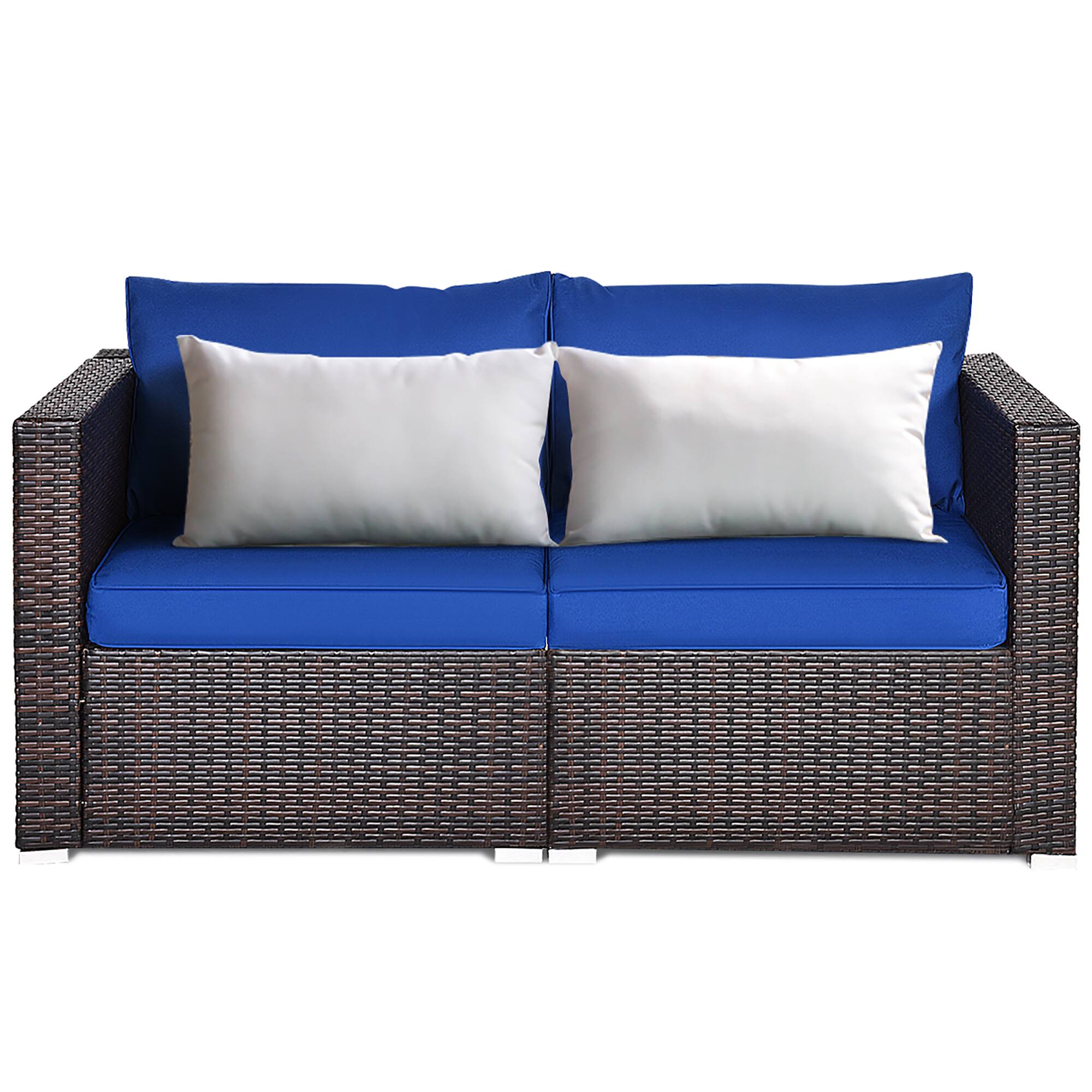 Alt View 4. Costway - Costway 2PCS Patio Rattan Corner Sofa Sectional Furniture Navy Cushion - blue & brown.