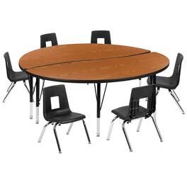 Flash Furniture - Emmy 60" Circle Wave Flexible Laminate Activity Table Set with 12" Student Stack Chairs, Oak/Black - Brown