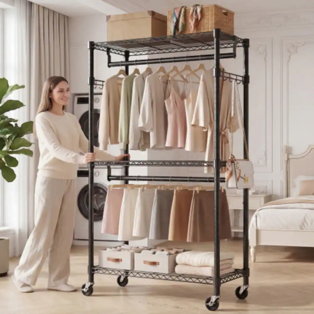 Alt View 1. LUCKY ONE - 74.5" H 3-Tier Heavy Duty Rolling Garment Rack w/ 2 Rods Side Hooks - Black.