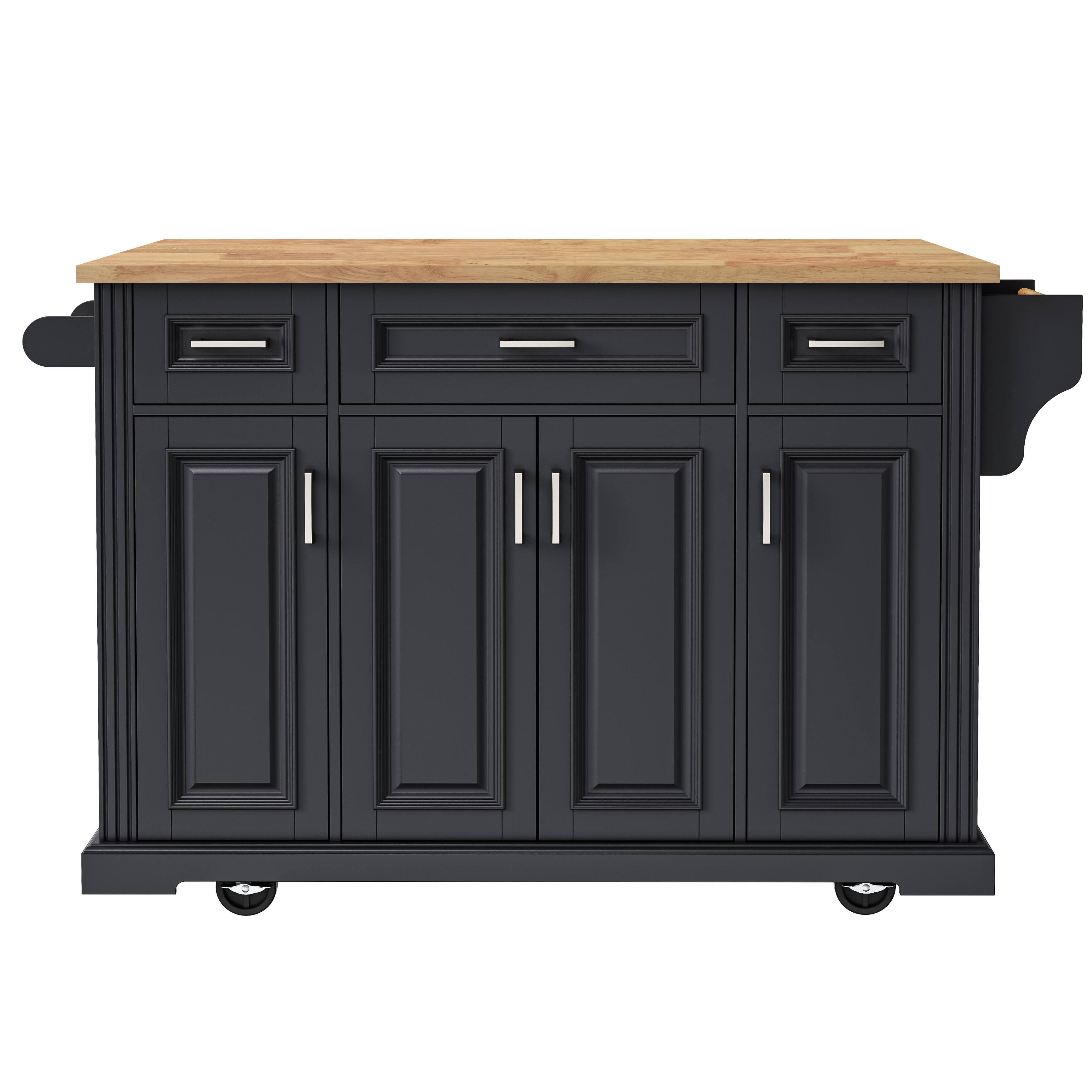 Back. Whisen - 54" Rubber Wood Top Drop Leaf Kitchen Island, Rolling Cart with Storage for Kitchen - Black.