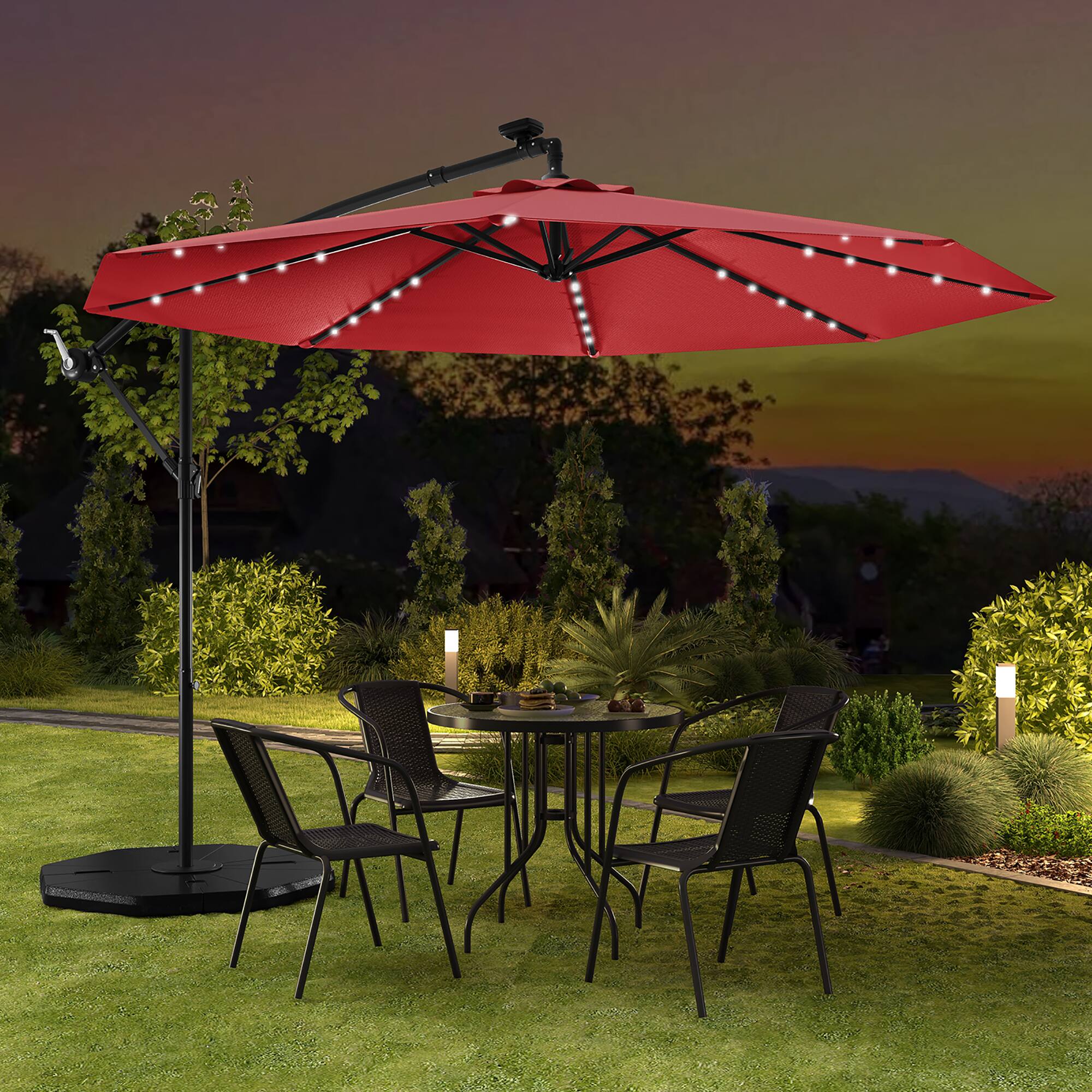 Alt View 4. Gymax - Gymax 10ft Solar Patio Umbrella Outdoor Offset Hanging Umbrella w/ 40 LED Lights Red - Wine.