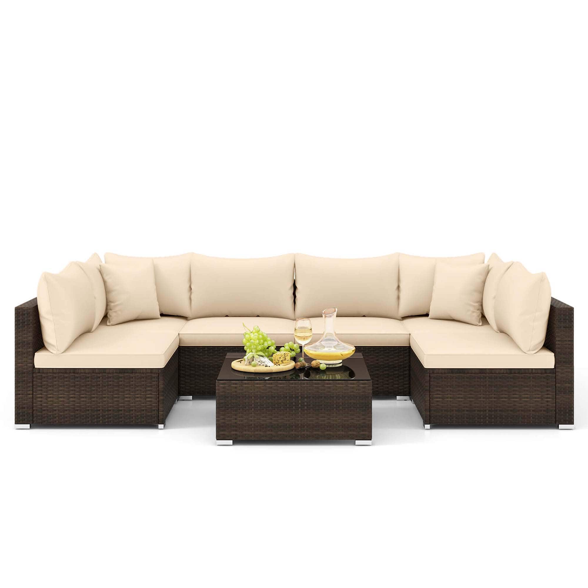 Front. Costway - 7 PCS Patio Rattan Furniture Set Sectional Sofa Cushioned Garden - Brown,Mix Gray.