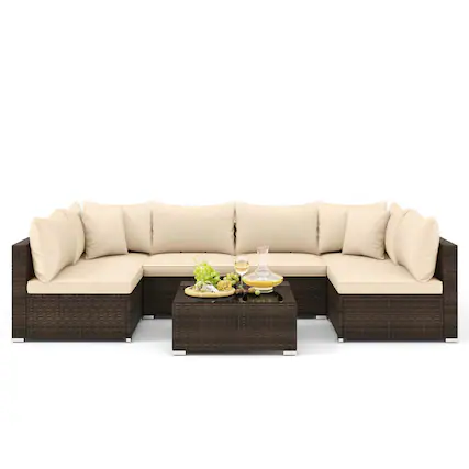 Front. Costway - 7 PCS Patio Rattan Furniture Set Sectional Sofa Cushioned Garden - Brown,Mix Gray.