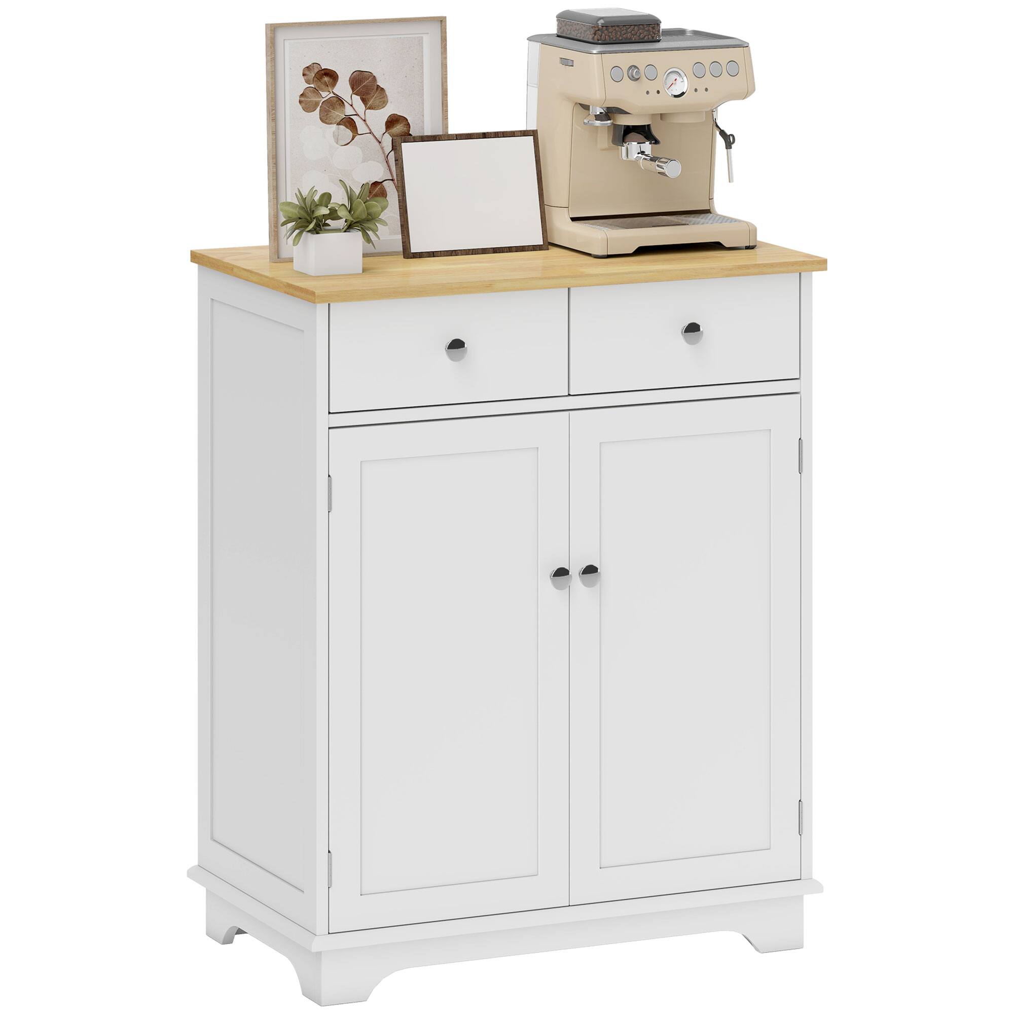 Homcom - Sideboard with Solid Wood Countertop, Modern Kitchen Storage Cabinet, Coffee Bar Cabinet with Drawers & Adjustable Shelf - White