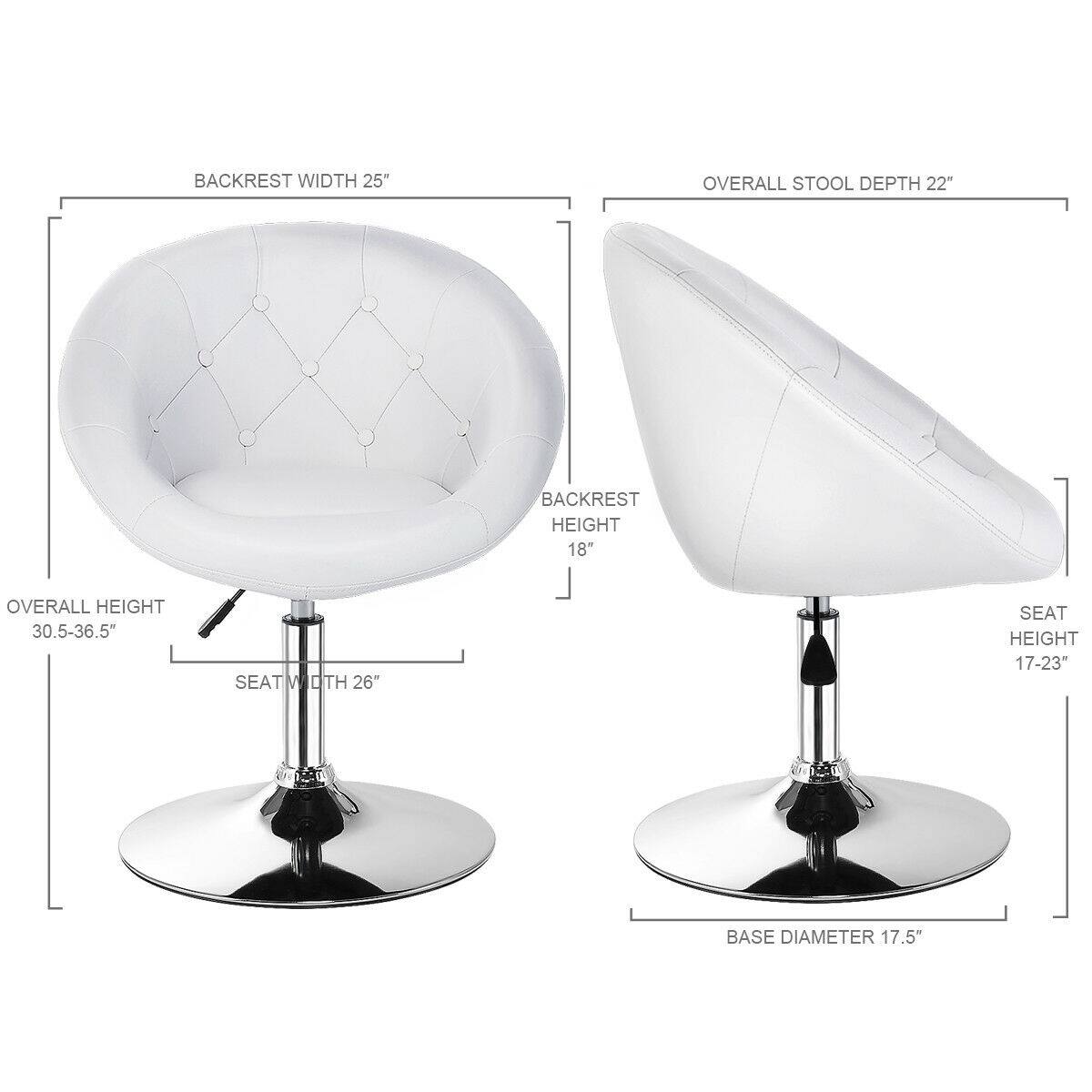 - Backrest Width: 25"
- Overall Stool Depth: 22"
- Overall Height: 30.5-36.5"
- Seat Width: 26"
- Backrest Height: 18"
- Seat Height: 17-23"
- Base Diameter: 17.5"