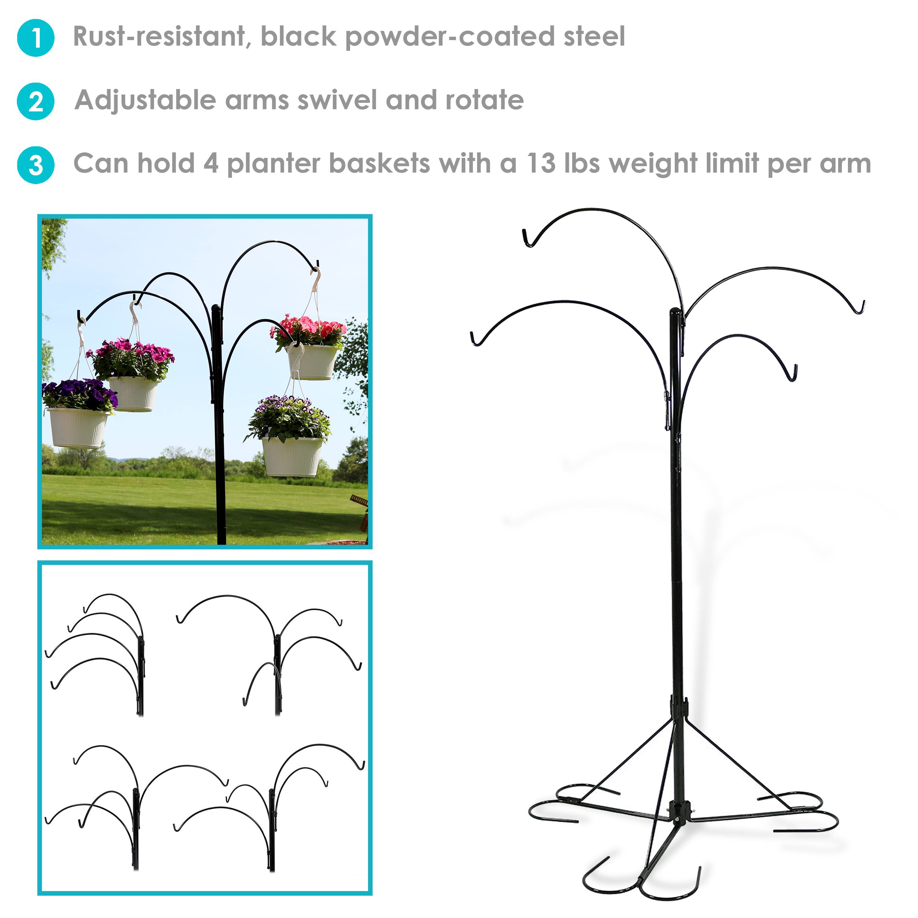 1. Rust-resistant, black powder-coated steel  
2. Adjustable arms swivel and rotate  
3. Can hold 4 planter baskets with a 13 lbs weight limit per arm