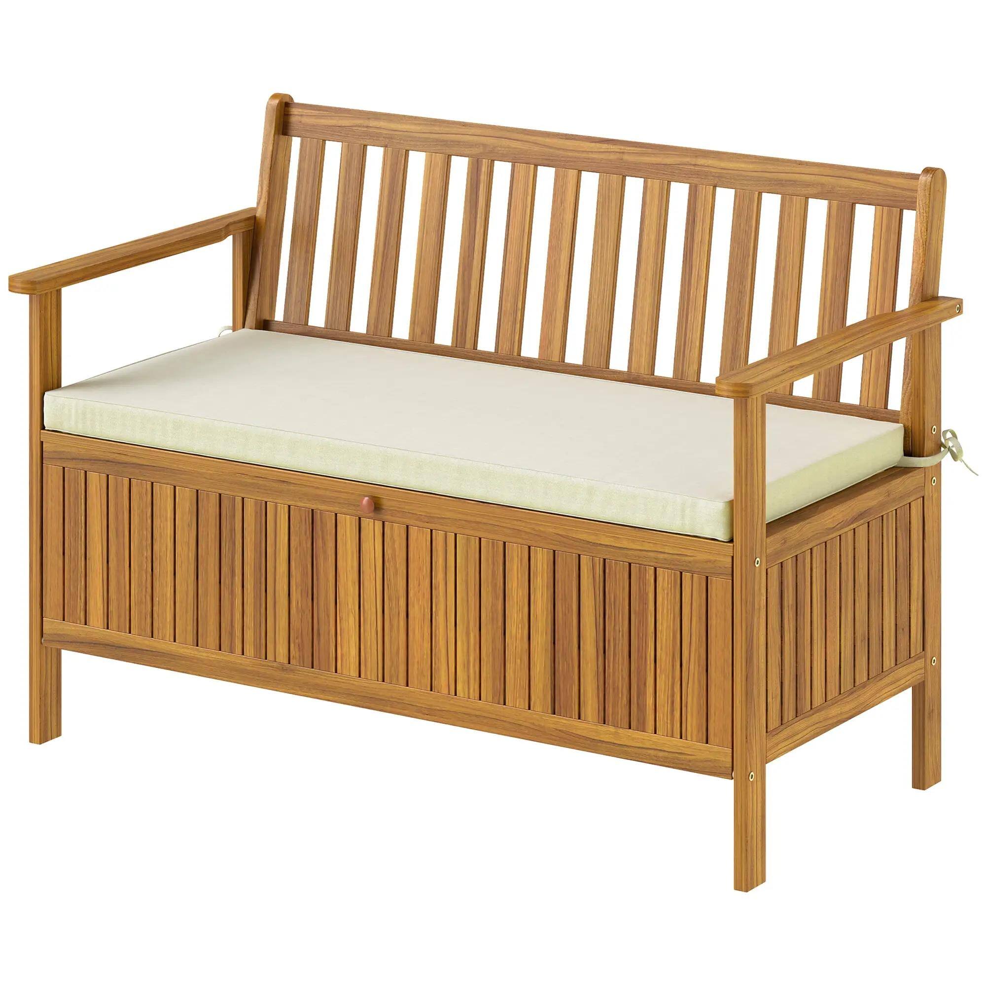 Resenkos - Acacia Wood Bench with Storage, 2-Seater Cushioned Patio Bench, Outdoor Garden Seat - Teak