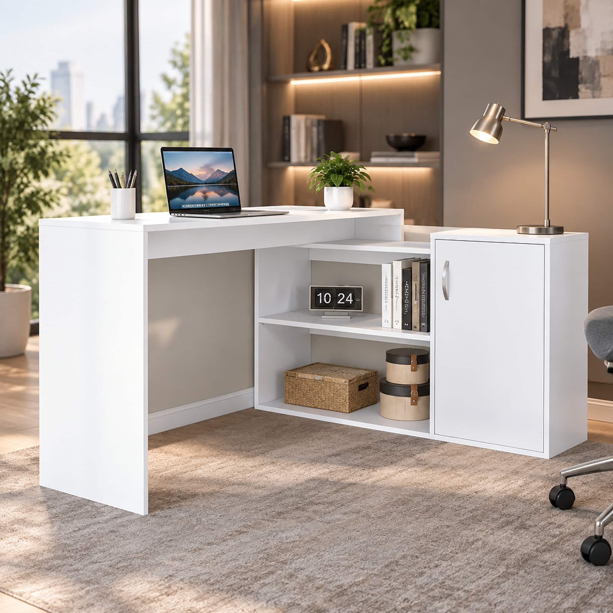 RYHNUYNE - Modern L-Shaped Computer Desk, 59 Inch Workspace, Right Return, Open Shelves, Cabinet, Corner or Wall - White