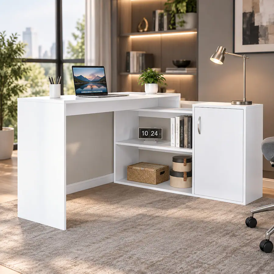 Layered Computer Desk RYHNUYNE Modern L Shaped Computer Desk, 59 Inch Workspace, Right Return ...
