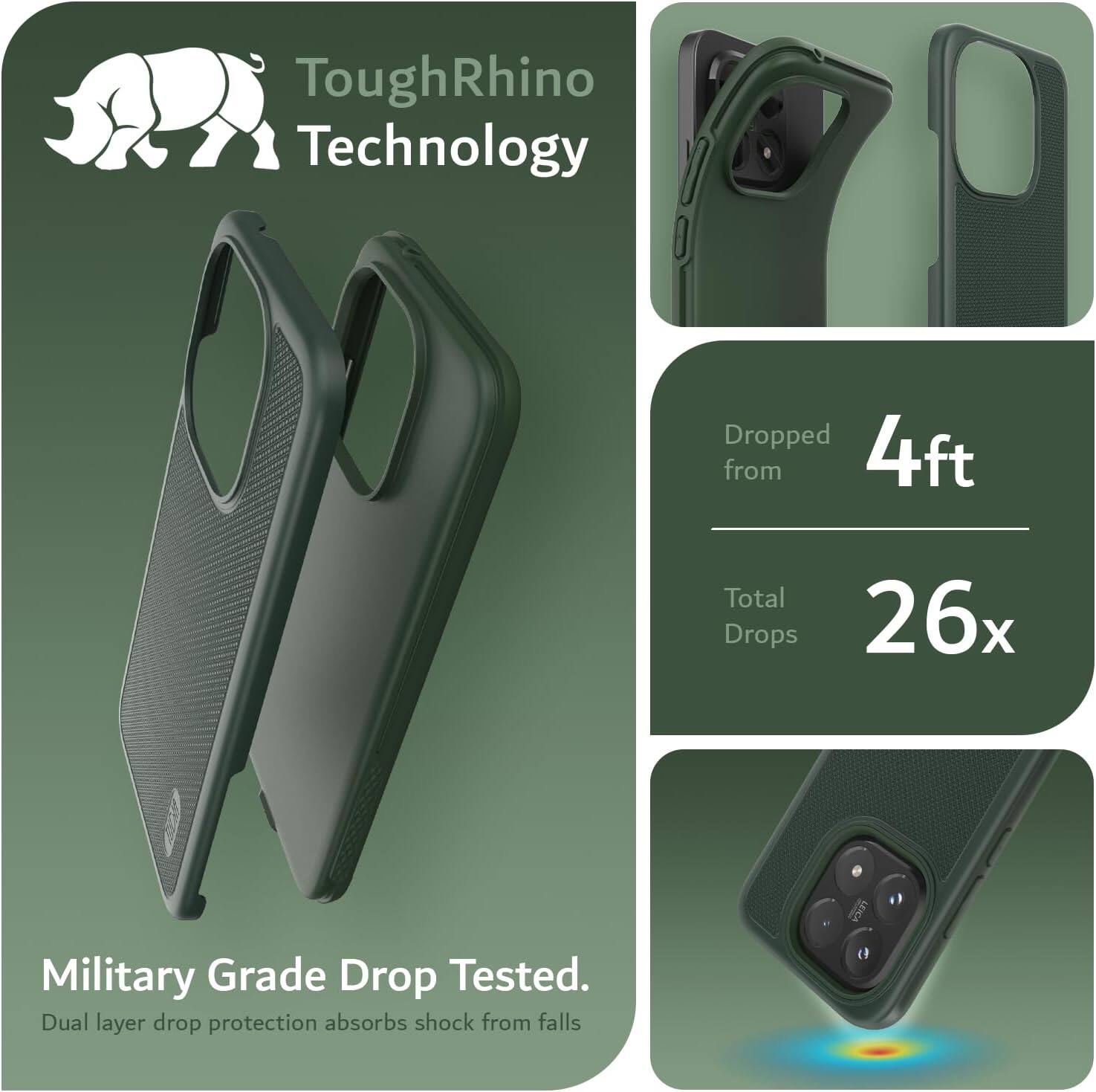 ToughRhino Technology

Dropped from 4ft
Total Drops 26x

Military Grade Drop Tested.
Dual layer drop protection absorbs shock from falls