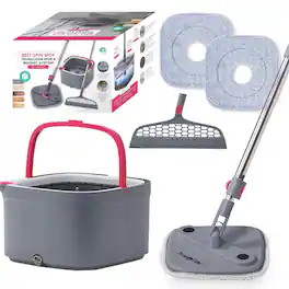 True & Tidy - Deluxe Spin Mop Dual Bucket True Clean System With Silicone Sweeper - Pink
