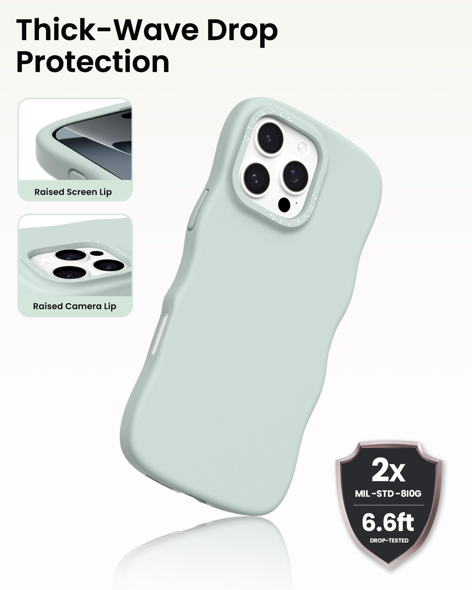 Thick-Wave Drop Protection

Raised Screen Lip

Raised Camera Lip

2x MIL-STD-810G 6.6ft DROP-TESTED