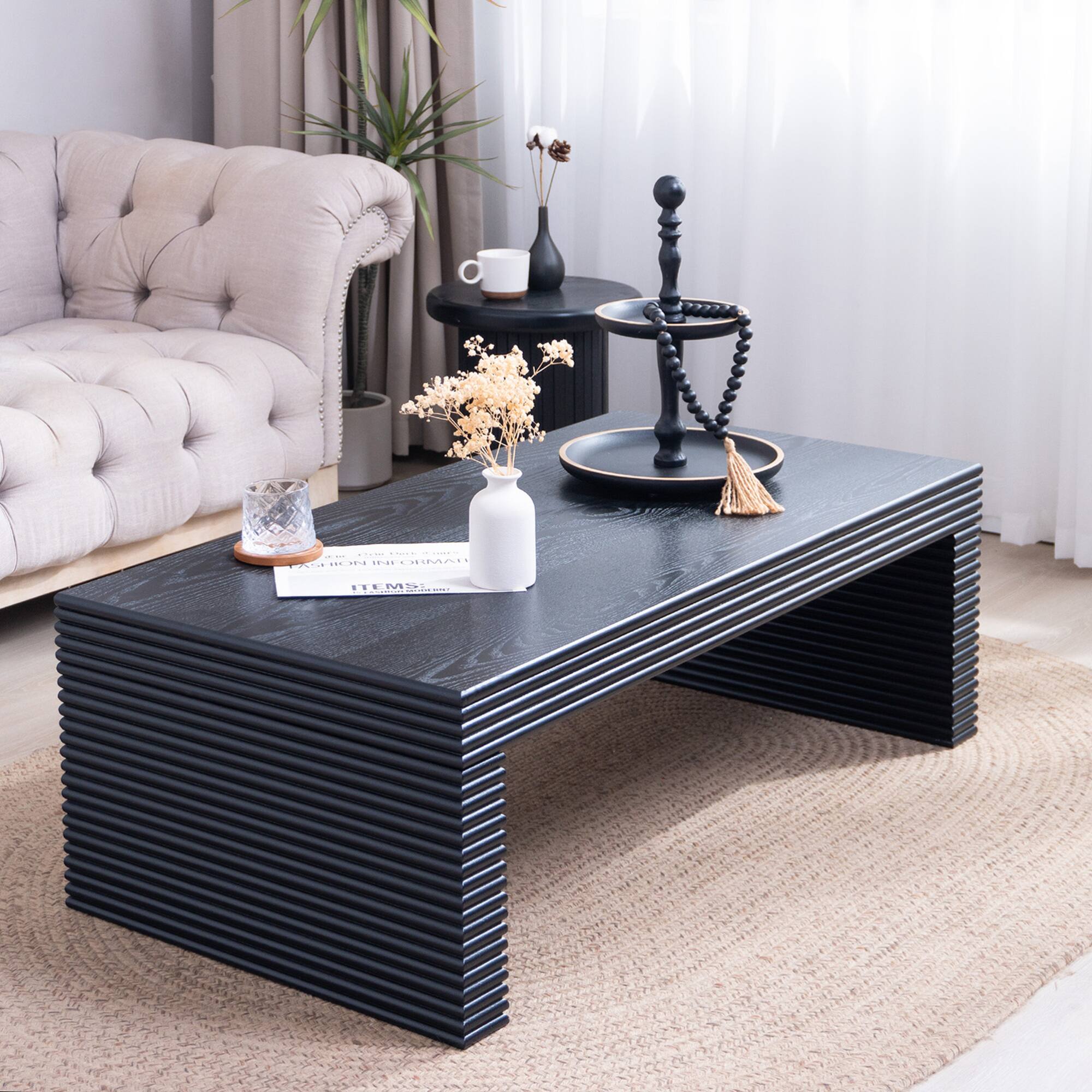GOODSILO - Modern Rectangular Coffee Table with Ribbed Texture for Contemporary Living Room Decor - Black