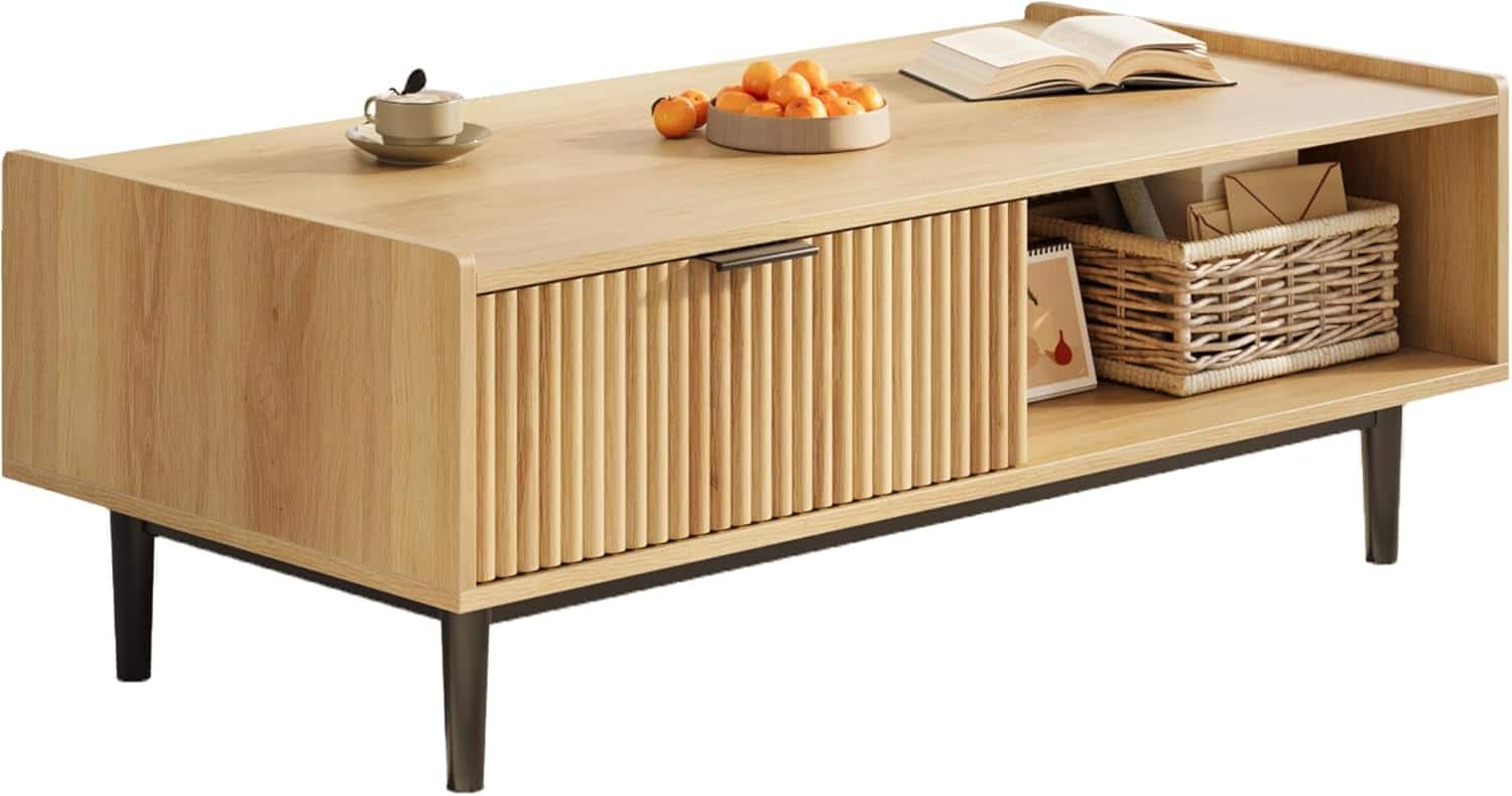 Acekool - Coffee Table Modern Center Table with Drawer Fluted Living Room Table with Storage - Brown