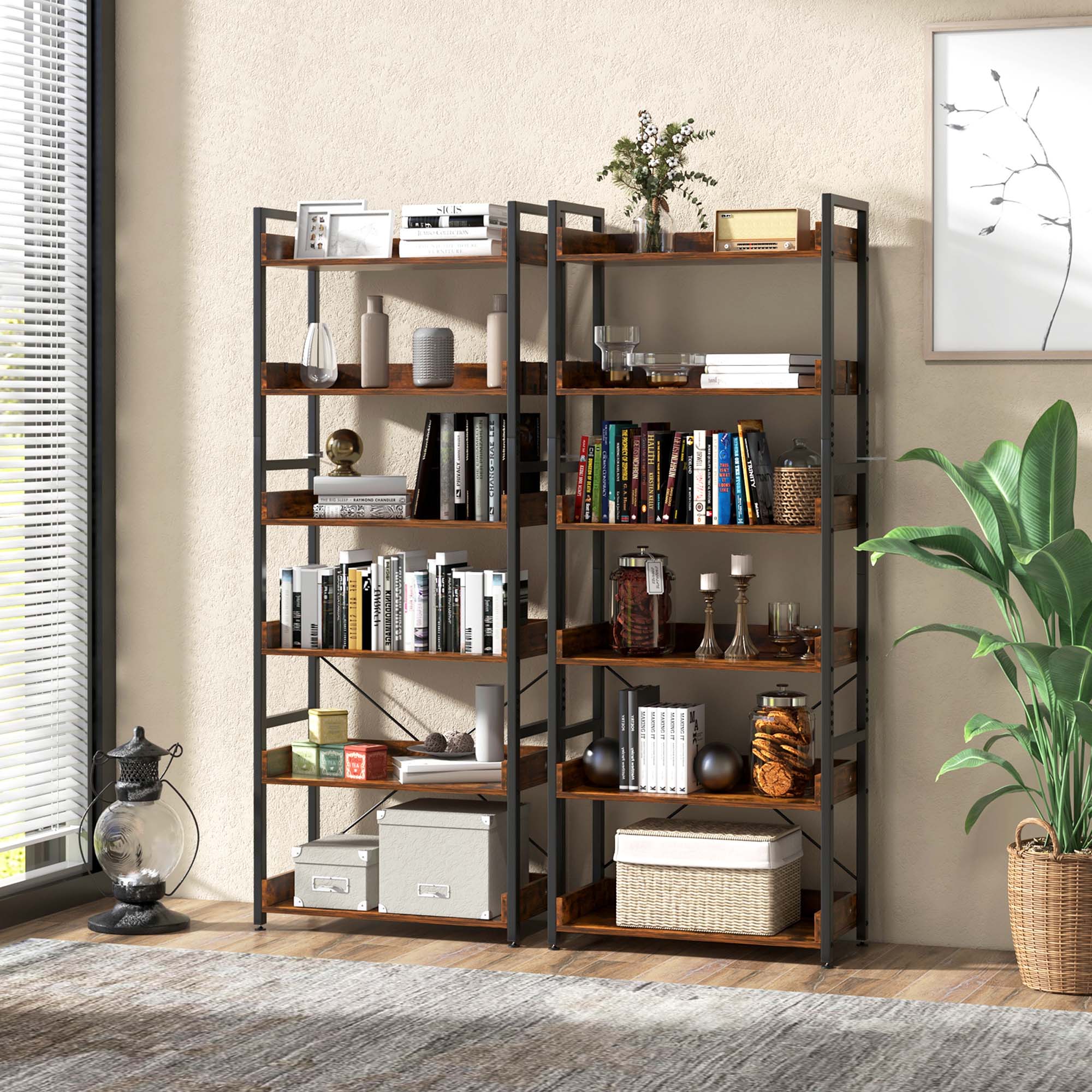 The image features a bookshelf filled with a variety of books, a potted plant, and a vase. The bookshelf is made of wood and metal, and it is placed in a corner of a room. The books are arranged on different shelves, with some placed horizontally and others vertically. The potted plant is situated next to the bookshelf, adding a touch of greenery to the space. The vase is placed on a higher shelf of the bookshelf, enhancing the overall aesthetic of the room.