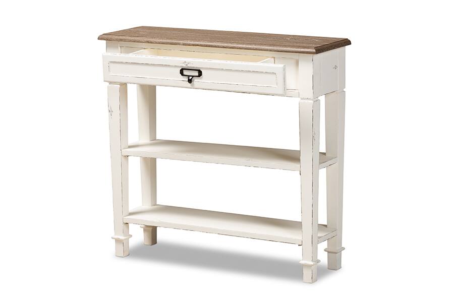 Angle. Baxton Studio - Dauphine Traditional French Accent Console Table-1 Drawer - White/Light Brown.
