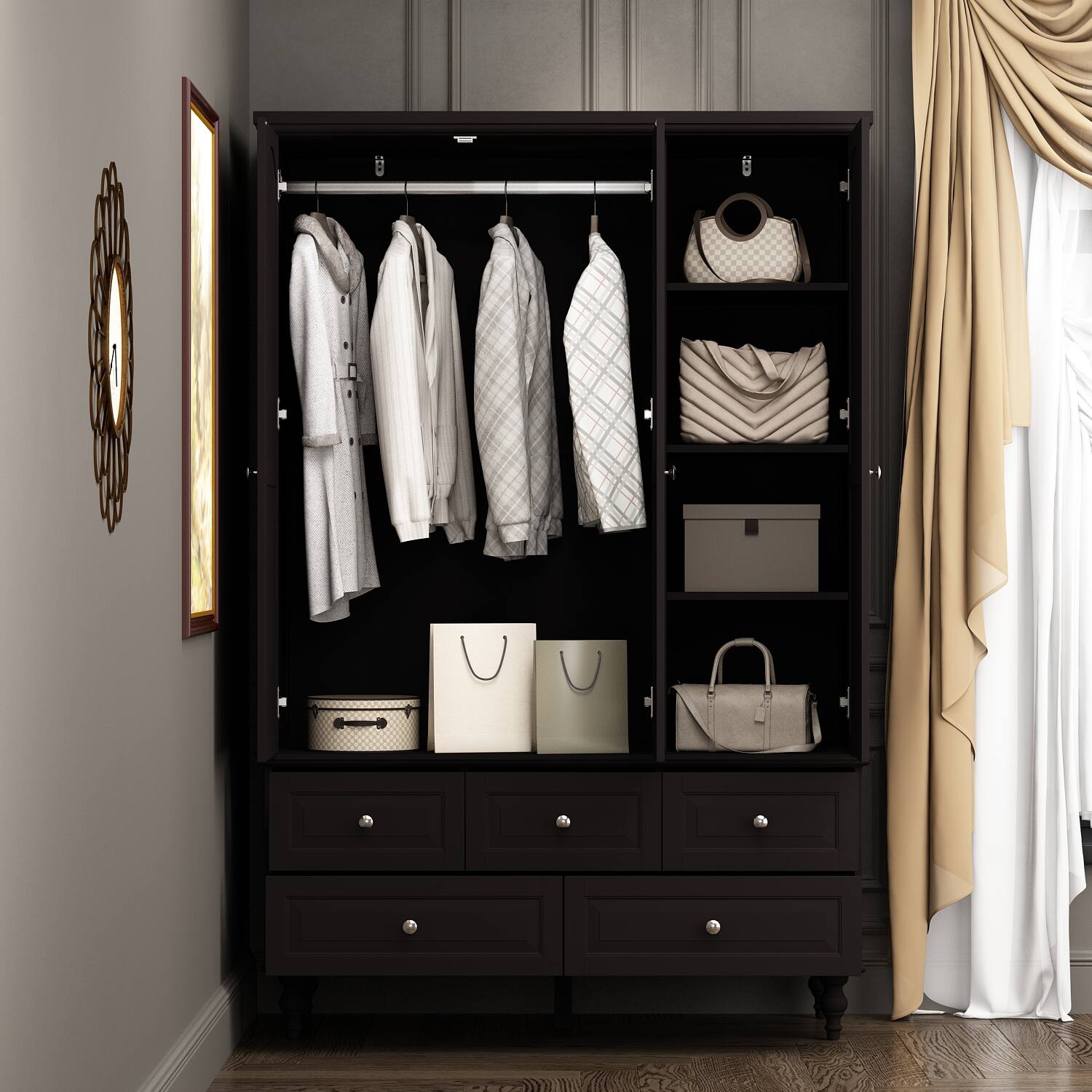 Alt View 7. FUFU&GAGA - FUFU&GAGA Wood - Look Wardrobe: Timeless Storage with Glass Accents - Brown.