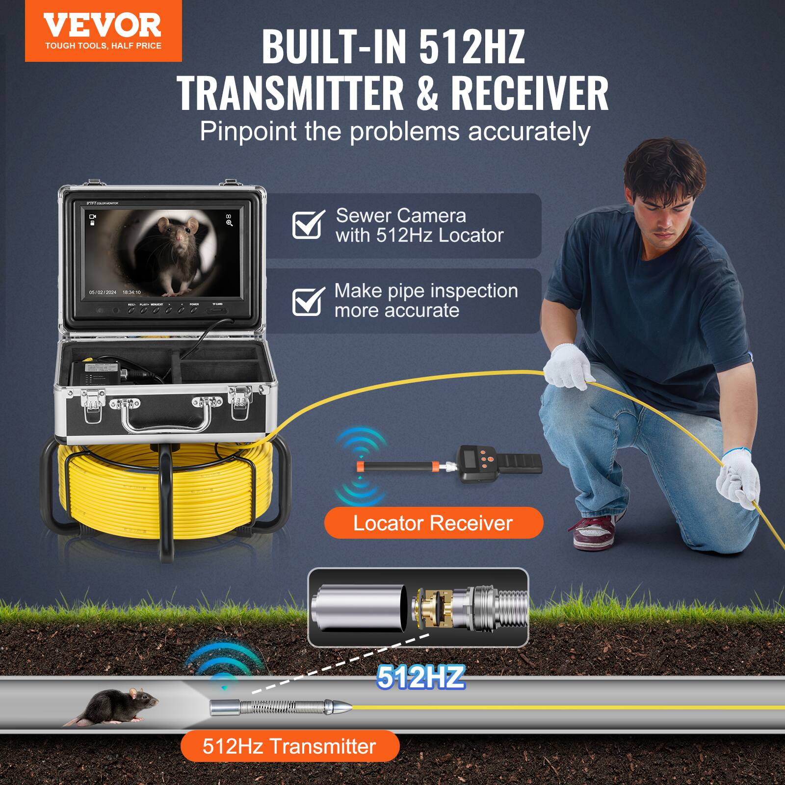VEVOR TOUGH TOOLS, HALF PRICE

BUILT-IN 512HZ TRANSMITTER & RECEIVER

Pinpoint the problems accurately

Sewer Camera with 512Hz Locator

Make pipe inspection more accurate

Locator Receiver

512Hz Transmitter