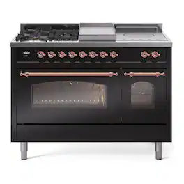 ILVE - Nostalgie II Series 48 in. Dual Fuel Range with 5 Sealed Burners + Griddle (Liquid Propane, Copper Trim) - Glossy Black