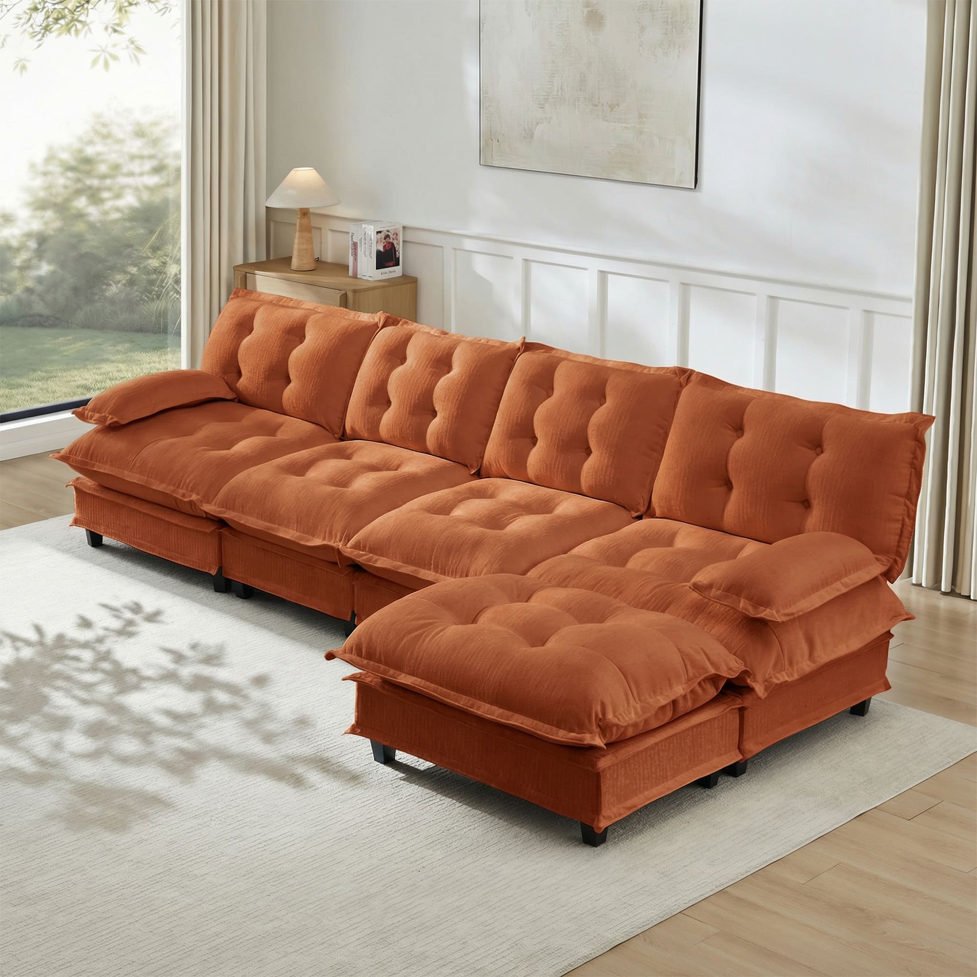 Anysun - 138" L-Shape Cloud Sectional with Ottoman - Modular Chenille Sofa, 4-Seat Deep Design, Lattice-Decor Cushions - Orange