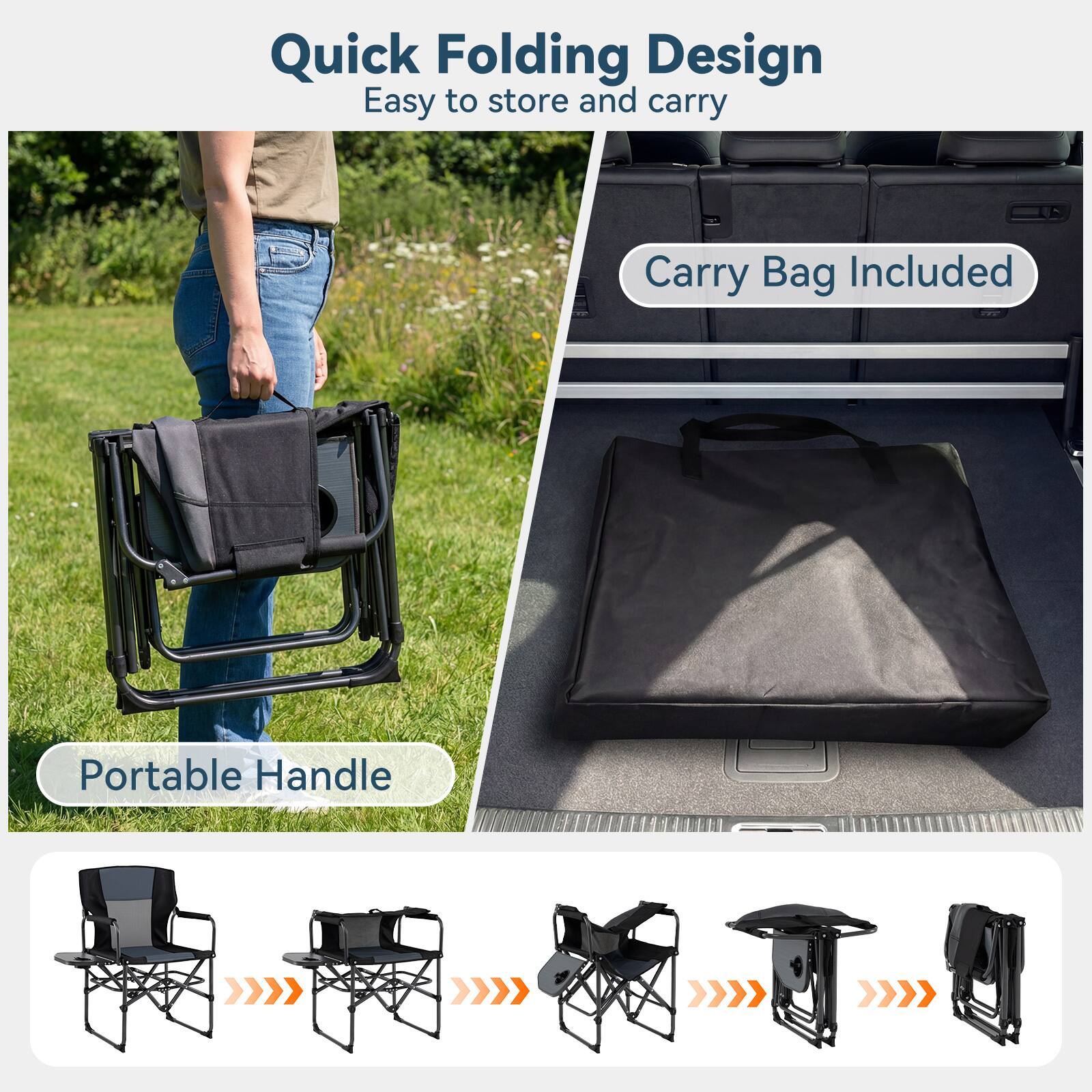 Quick Folding Design  
Easy to store and carry  
Carry Bag Included  
Portable Handle