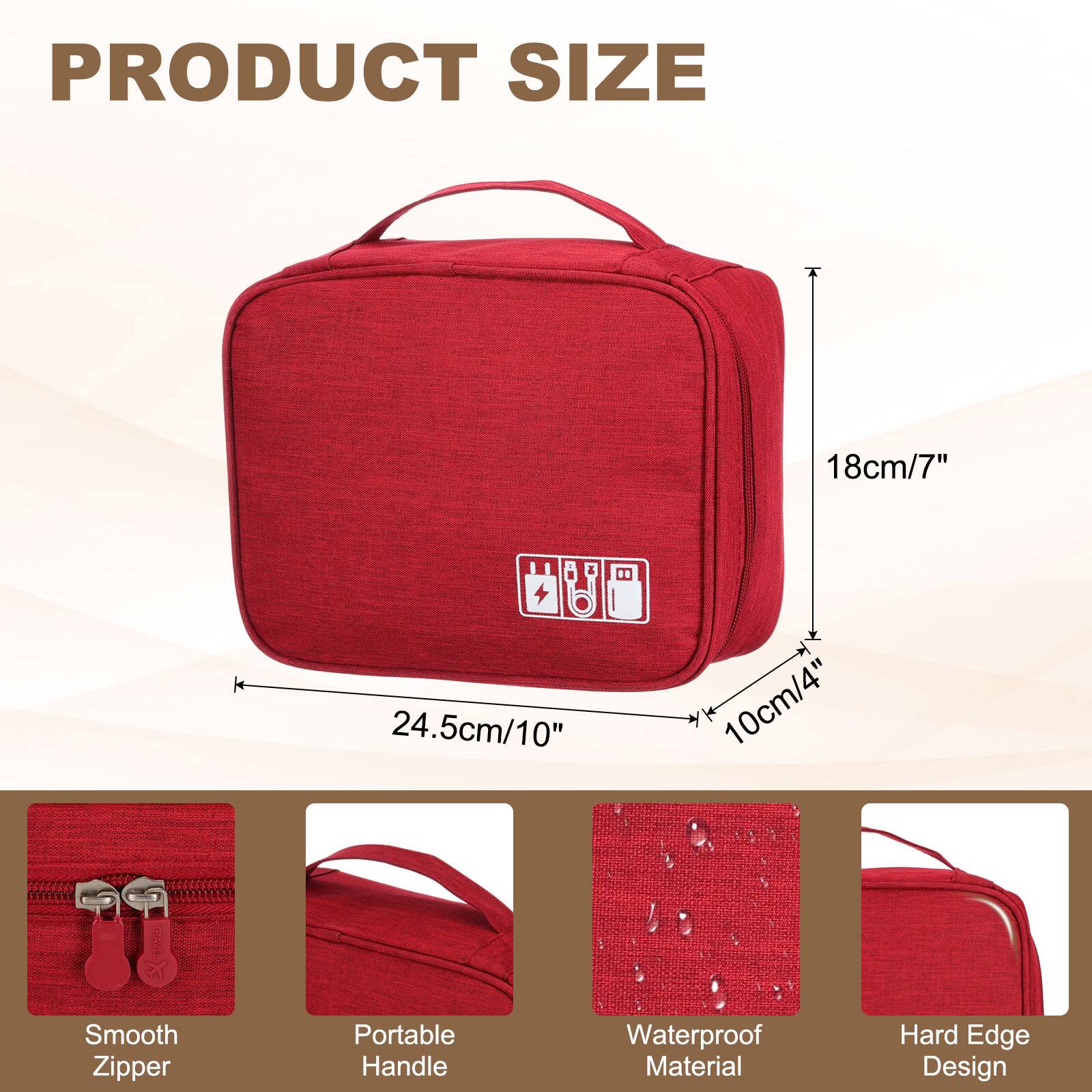 PRODUCT SIZE

18cm/7"  
24.5cm/10"  
10cm/4"

- Smooth Zipper
- Portable Handle
- Waterproof Material
- Hard Edge Design