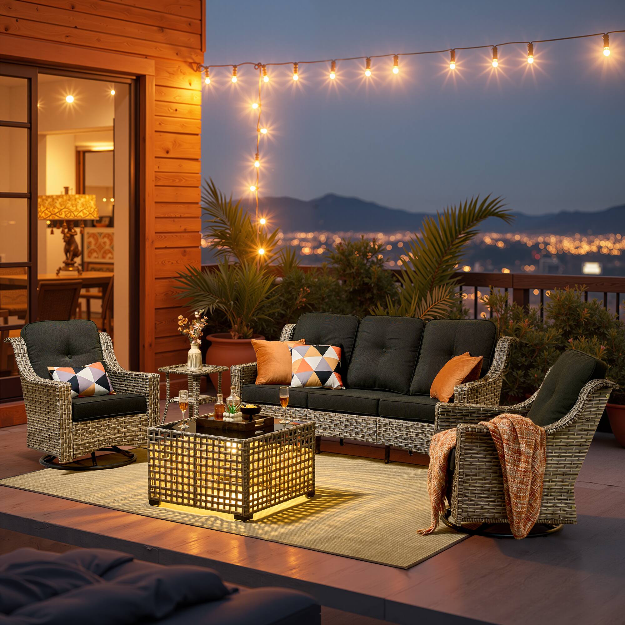 Ovios - 5 PCS Outdoor Patio Furniture Set with High-Back Wicker Sofa, Swivel Rocking Chairs and Coffee Table - Black
